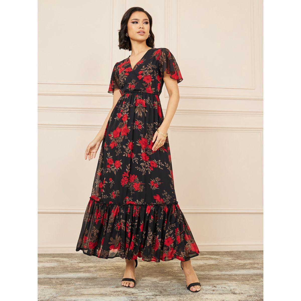 Styli Frill Sleeve Floral Print Tiered Midi Dress-women-clothing-dresses-image-1