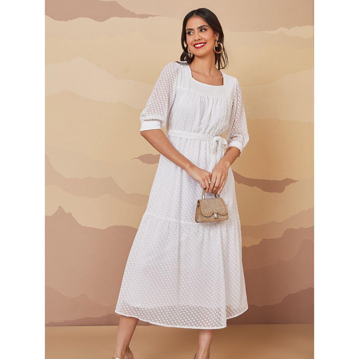 Styli 3/4 Sleeves Dobby Spot A-Line Midi Dress-women-clothing-dresses-image-1