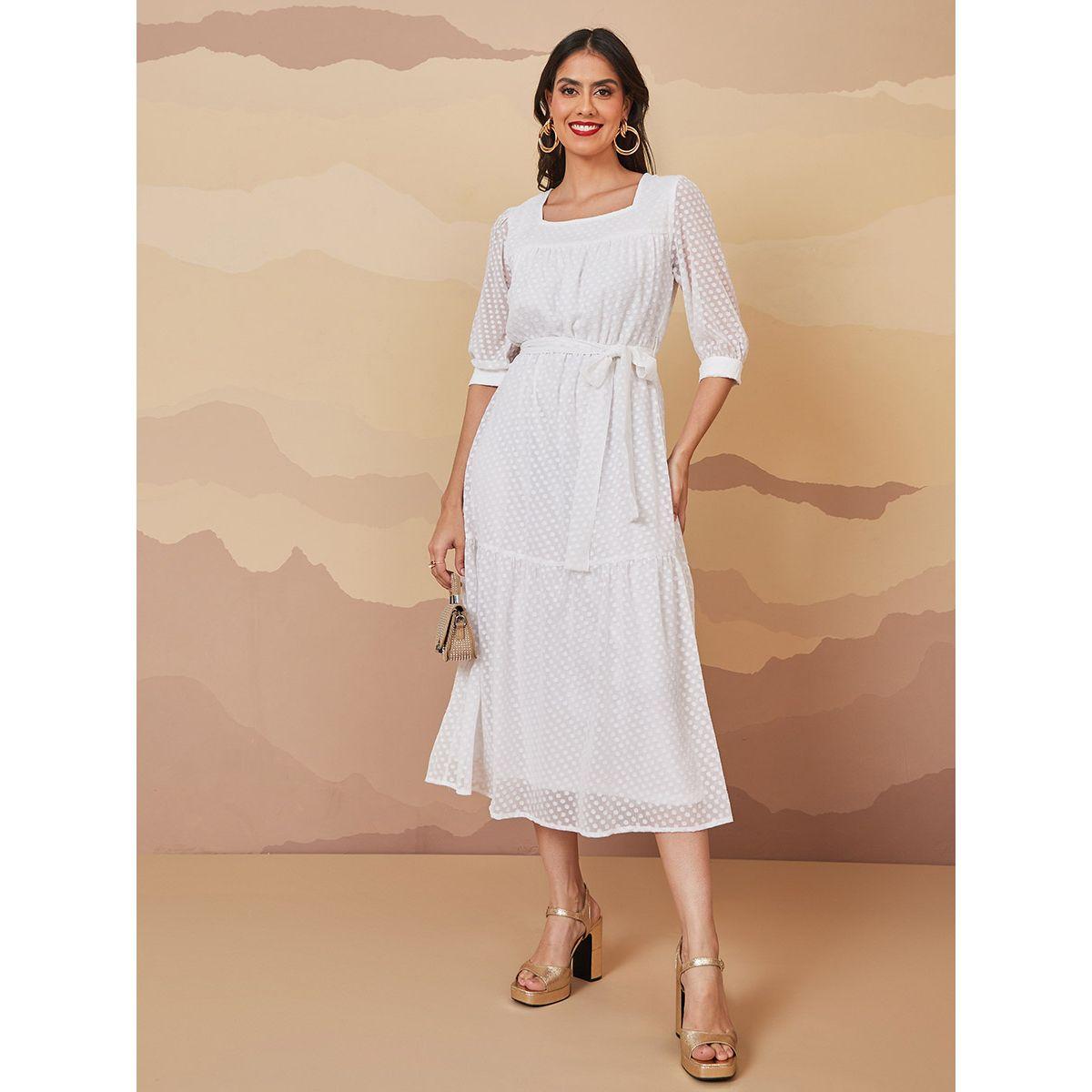 Styli 3/4 Sleeves Dobby Spot A-Line Midi Dress-women-clothing-dresses-image-2