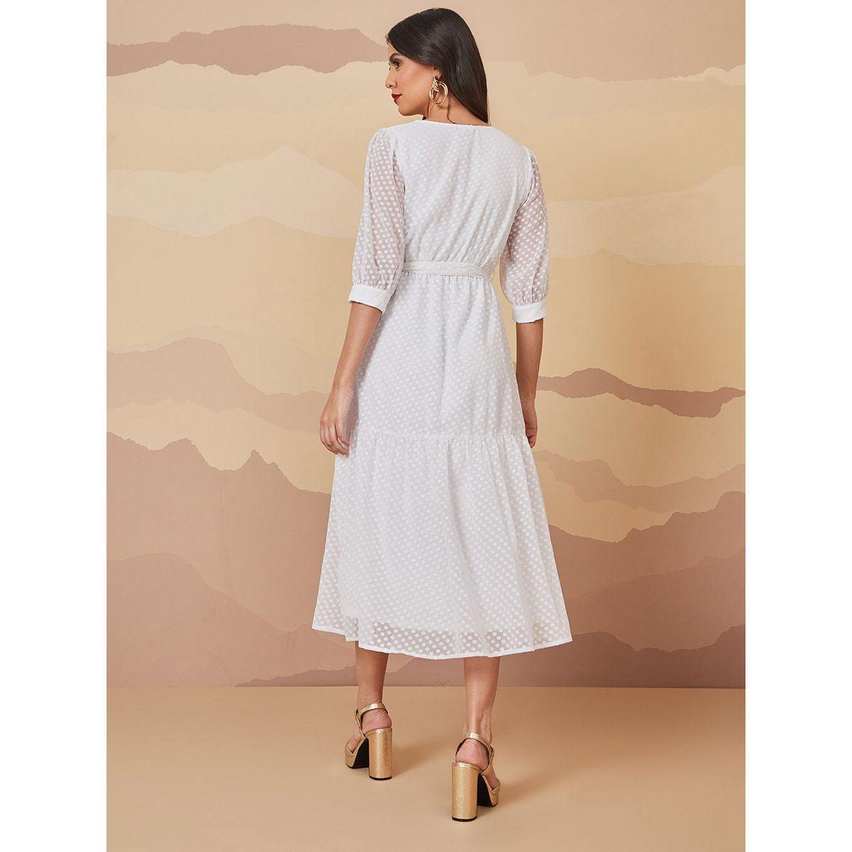 Styli 3/4 Sleeves Dobby Spot A-Line Midi Dress-women-clothing-dresses-image-4