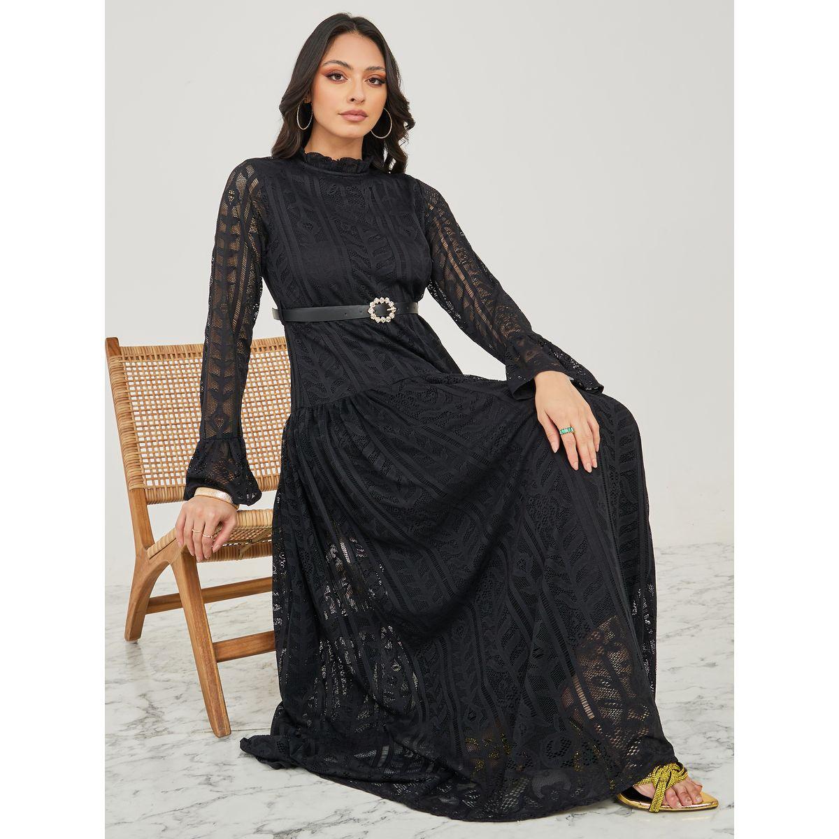 Styli High Neck Lace Insert A-Line Maxi Dress with Belt-women-clothing-dresses-image-1