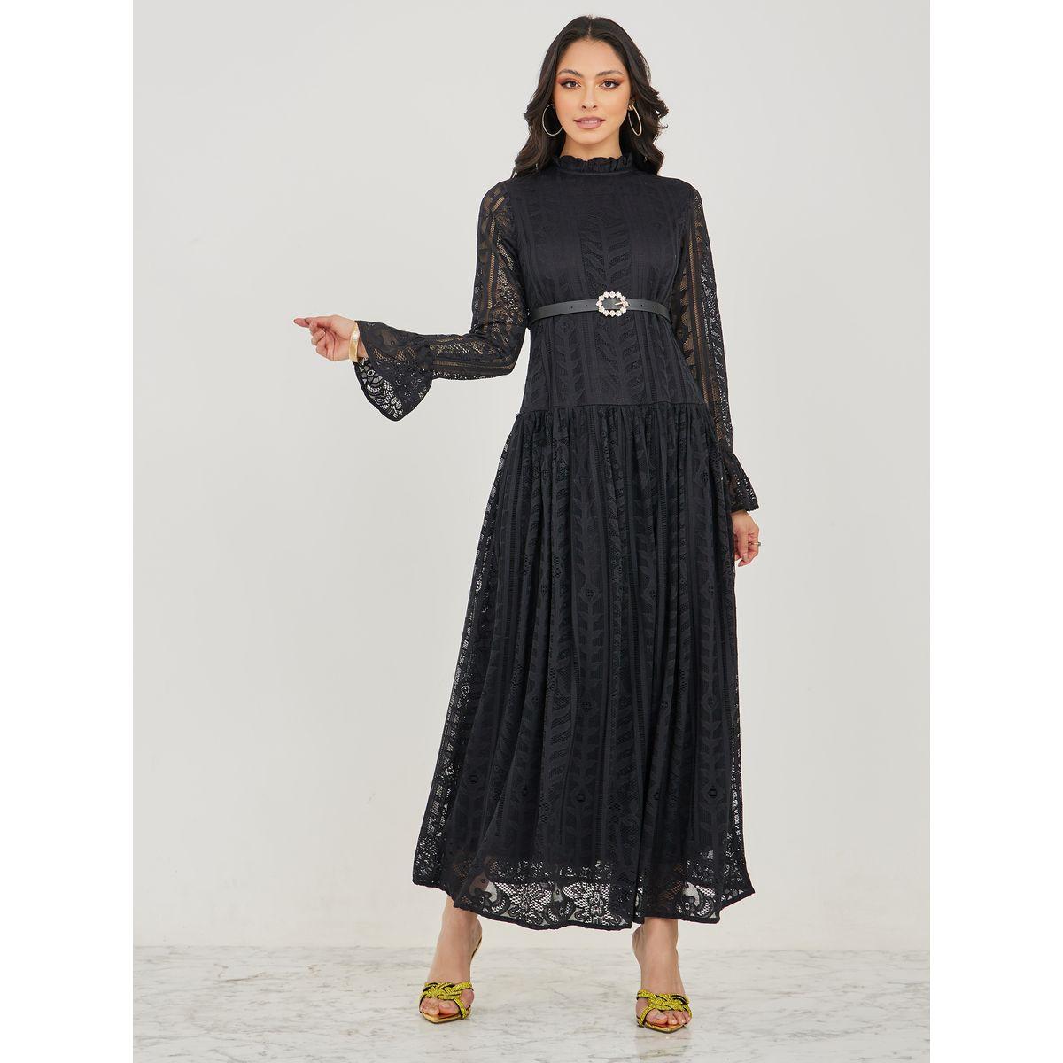 Styli High Neck Lace Insert A-Line Maxi Dress with Belt-women-clothing-dresses-image-2