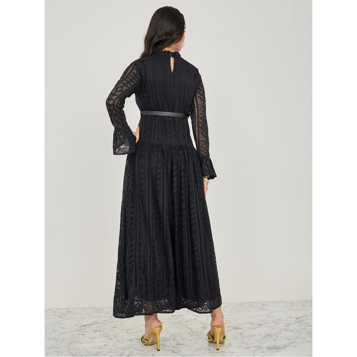 Styli High Neck Lace Insert A-Line Maxi Dress with Belt-women-clothing-dresses-image-5