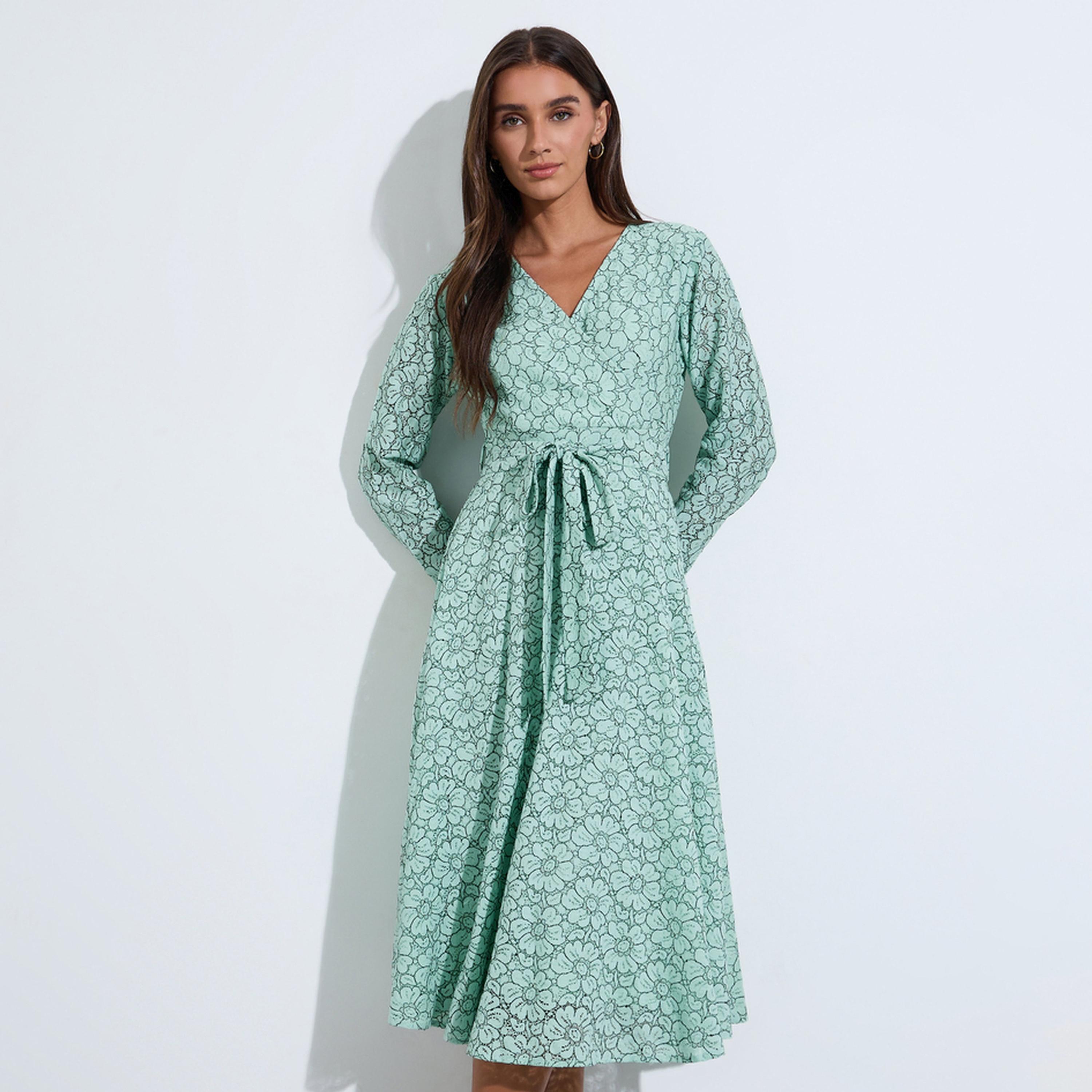 Styli Lace Insert Self Tie Belt A-Line Midi Dress-women-clothing-dresses-image-1