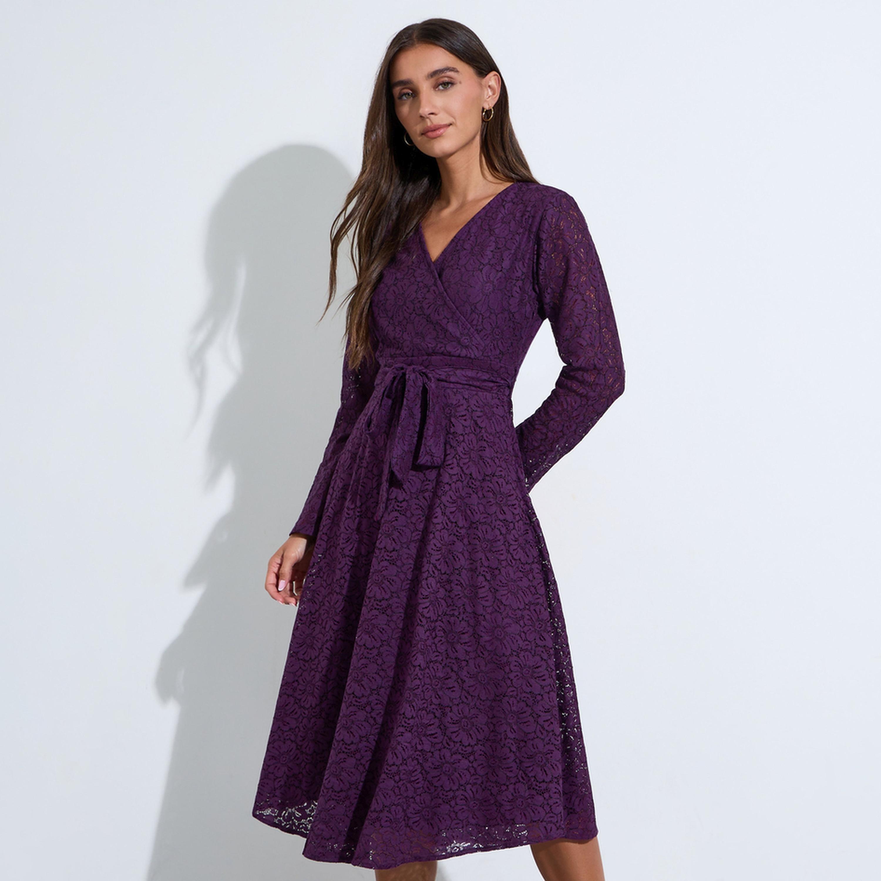 فستان ميدي بحافة واسعة وحزام برباط ذاتي وتفاصيل دانتيل-women-clothing-dresses-image-1