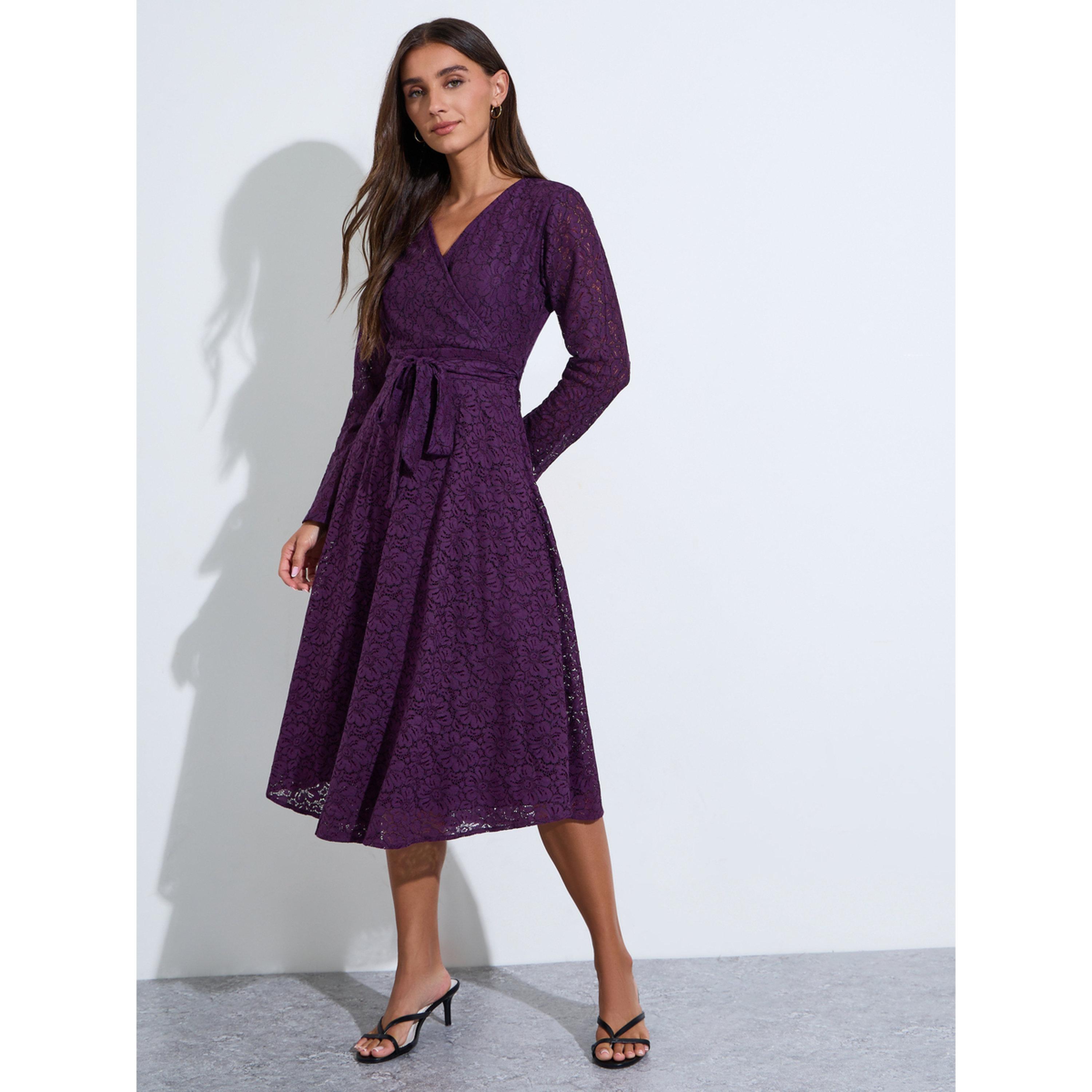 فستان ميدي بحافة واسعة وحزام برباط ذاتي وتفاصيل دانتيل-women-clothing-dresses-image-2