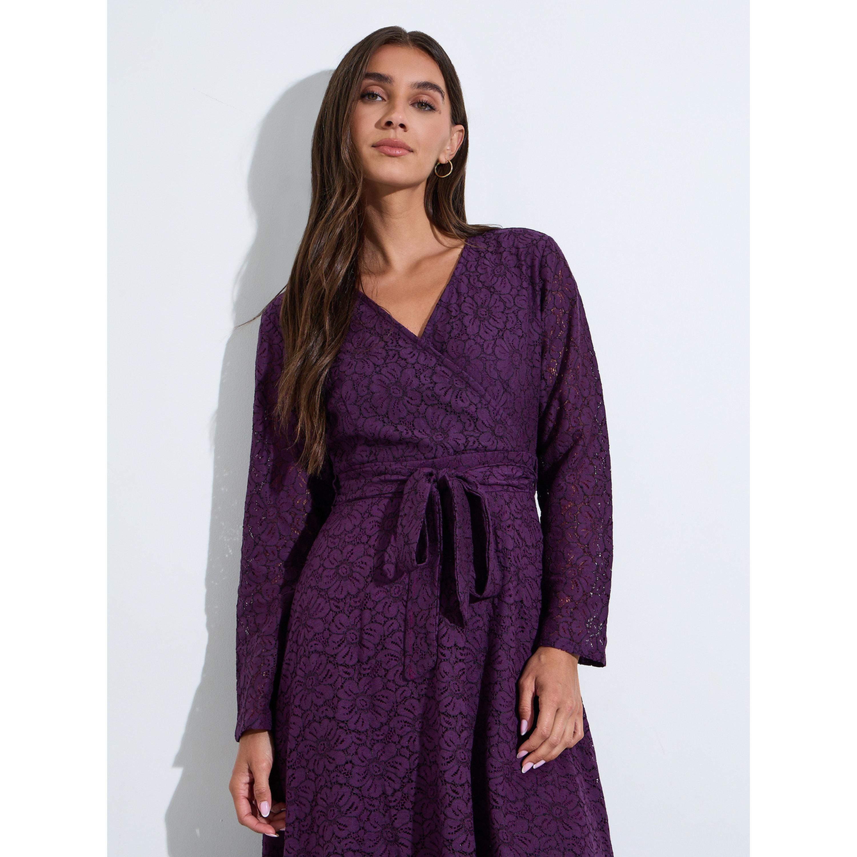 فستان ميدي بحافة واسعة وحزام برباط ذاتي وتفاصيل دانتيل-women-clothing-dresses-image-3