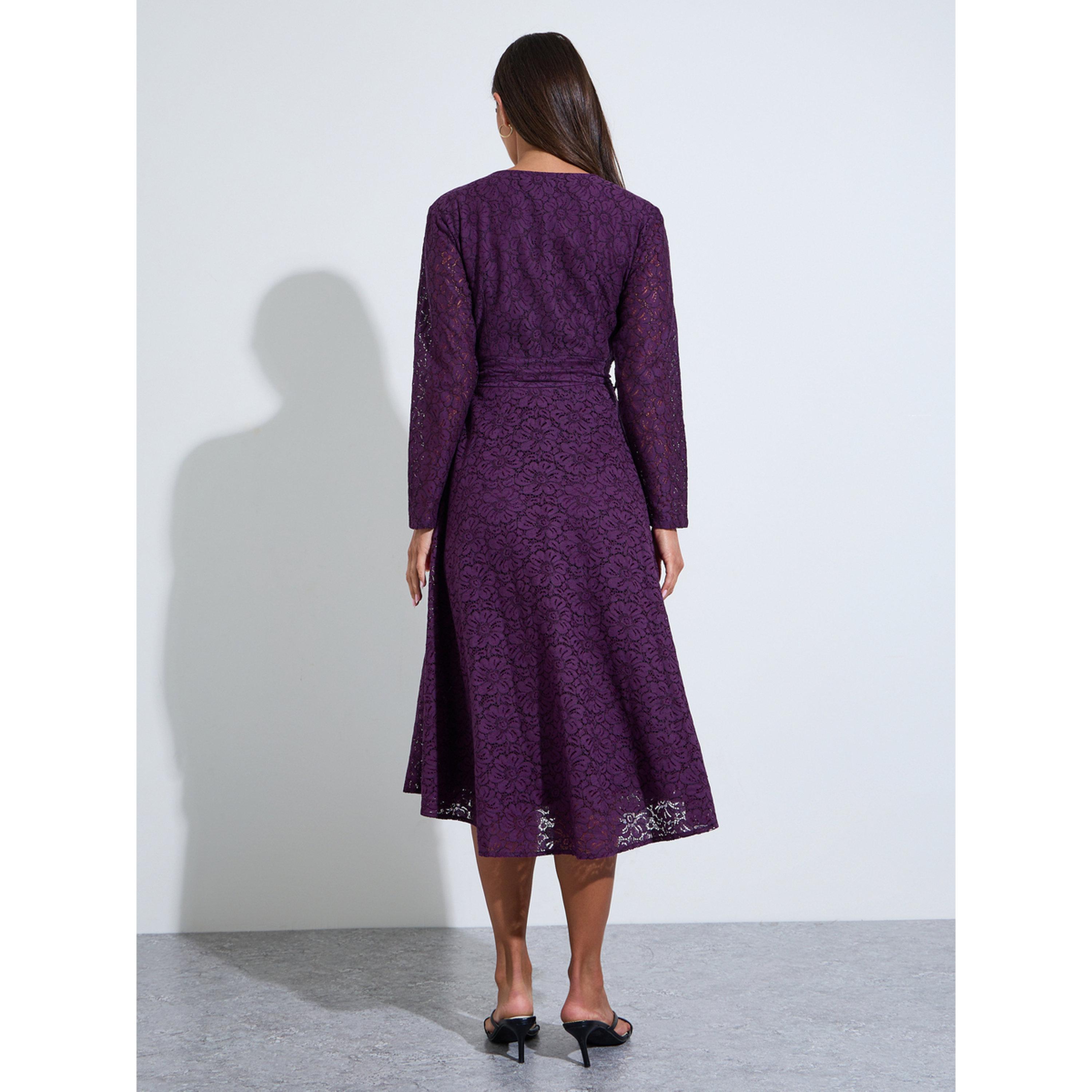 فستان ميدي بحافة واسعة وحزام برباط ذاتي وتفاصيل دانتيل-women-clothing-dresses-image-4