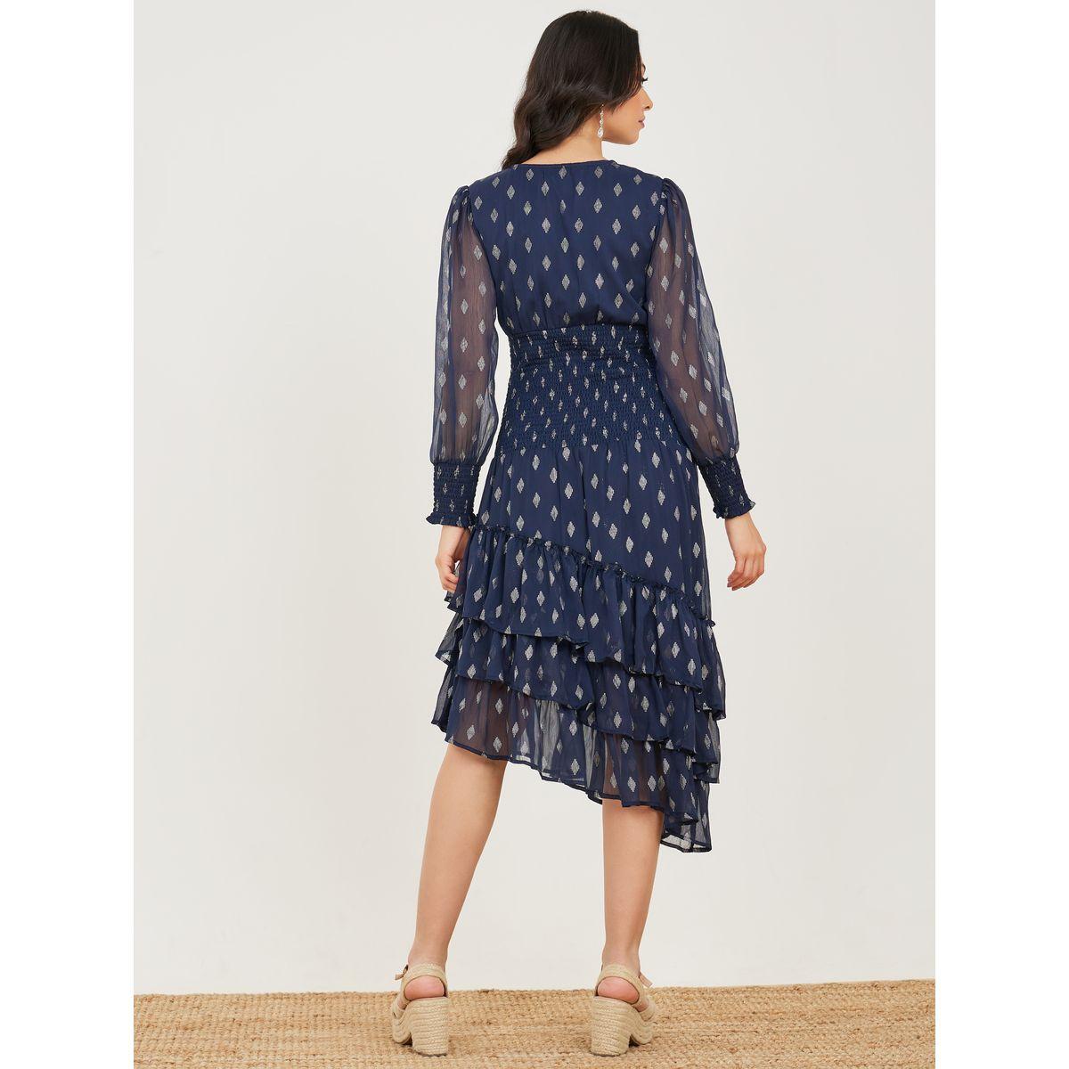 Styli Foil Print Ruffle Asymmetric Hem Tiered Midi Dress-women-clothing-dresses-image-4