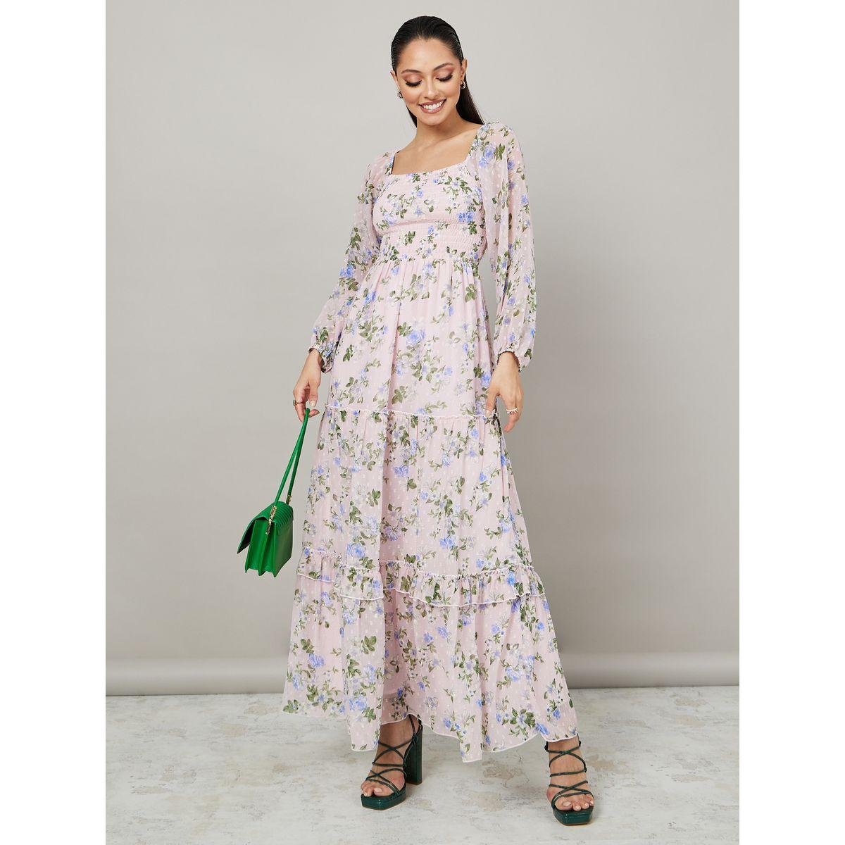 Styli Long Sleeves Floral Print Smocked Detail Tiered Maxi Dress-women-clothing-dresses-image-1