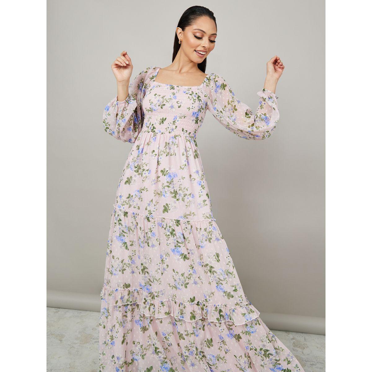 Styli Long Sleeves Floral Print Smocked Detail Tiered Maxi Dress-women-clothing-dresses-image-2