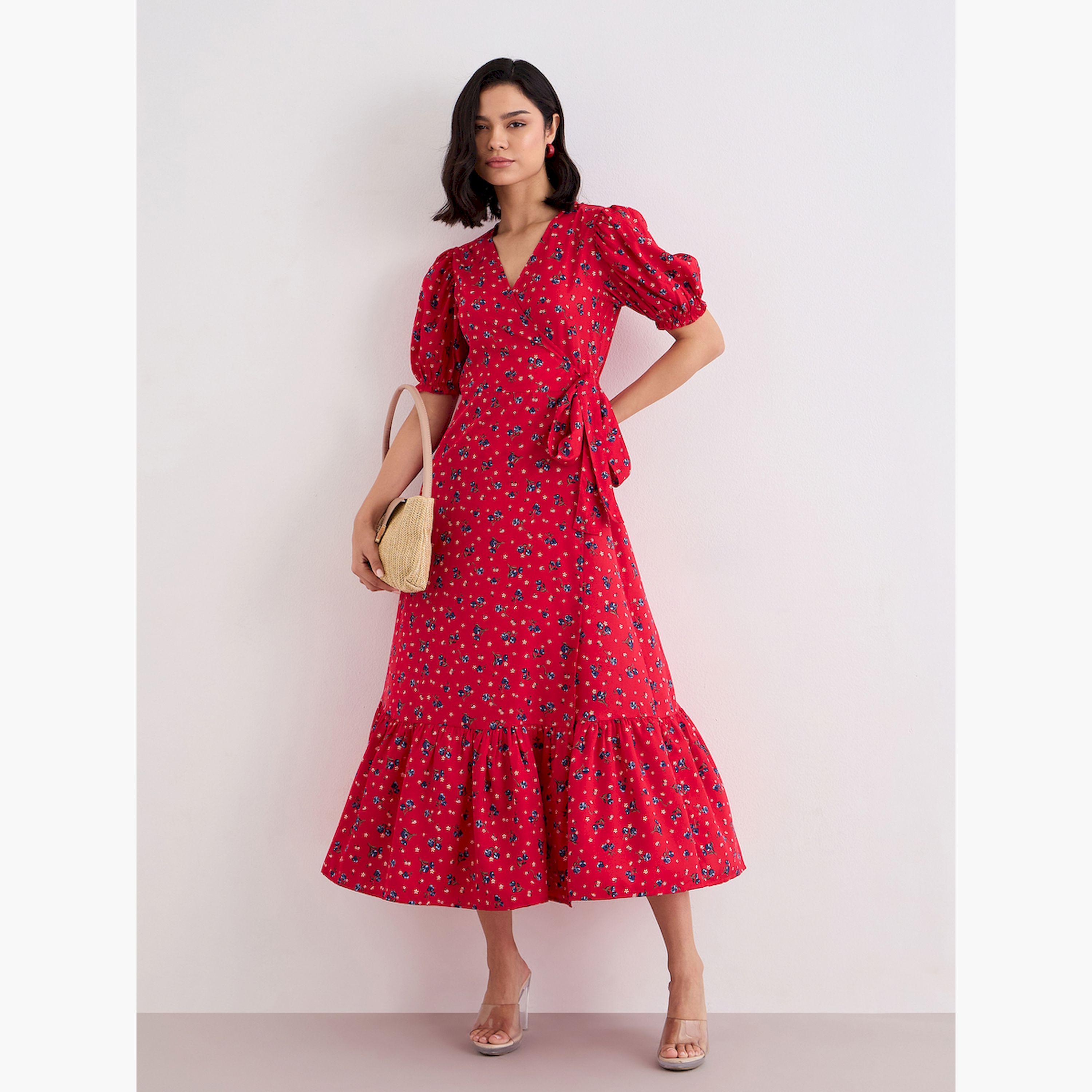 فستان ميدي ملفوف بطبعة أزهار للنساء-women-clothing-dresses-image-1
