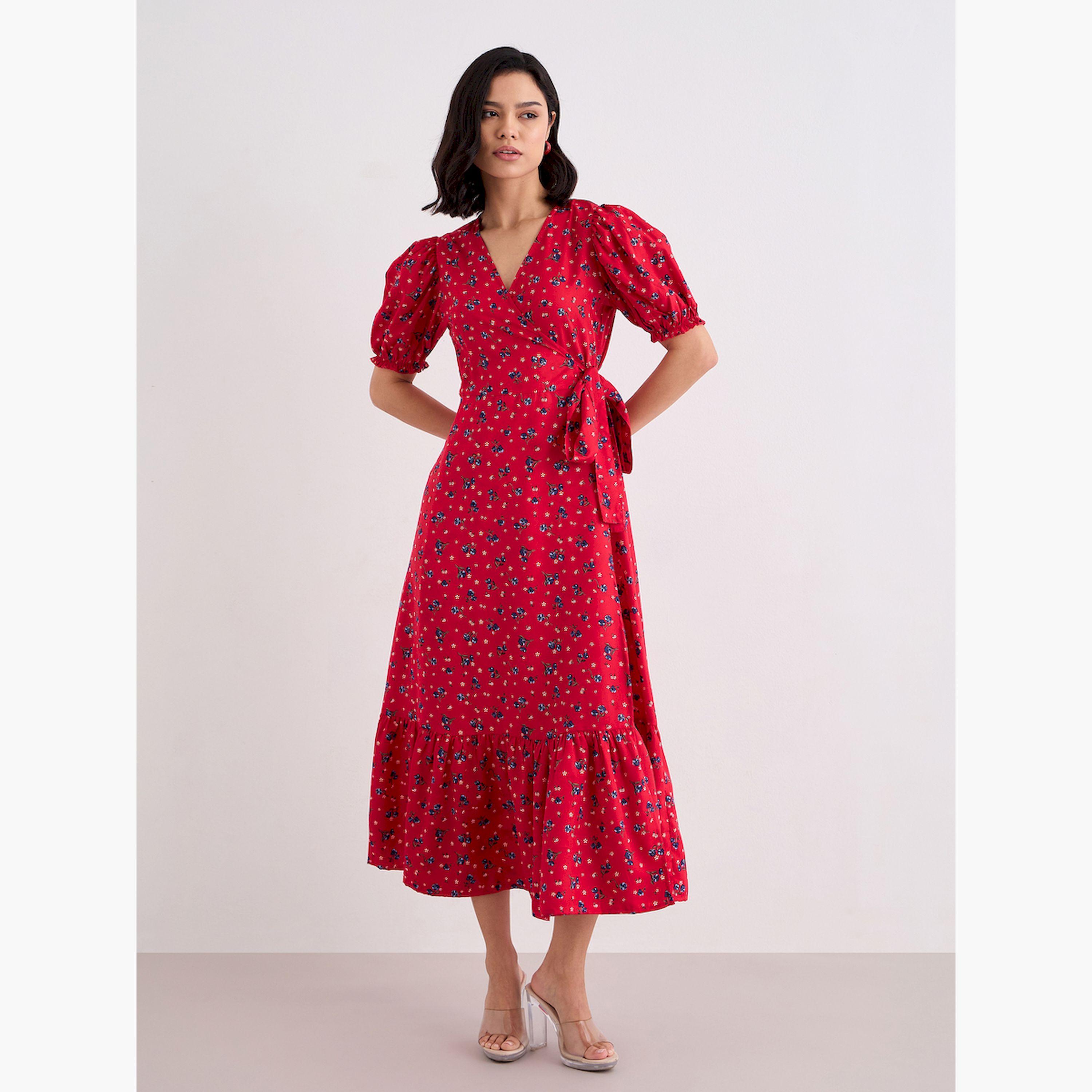 فستان ميدي ملفوف بطبعة أزهار للنساء-women-clothing-dresses-image-2