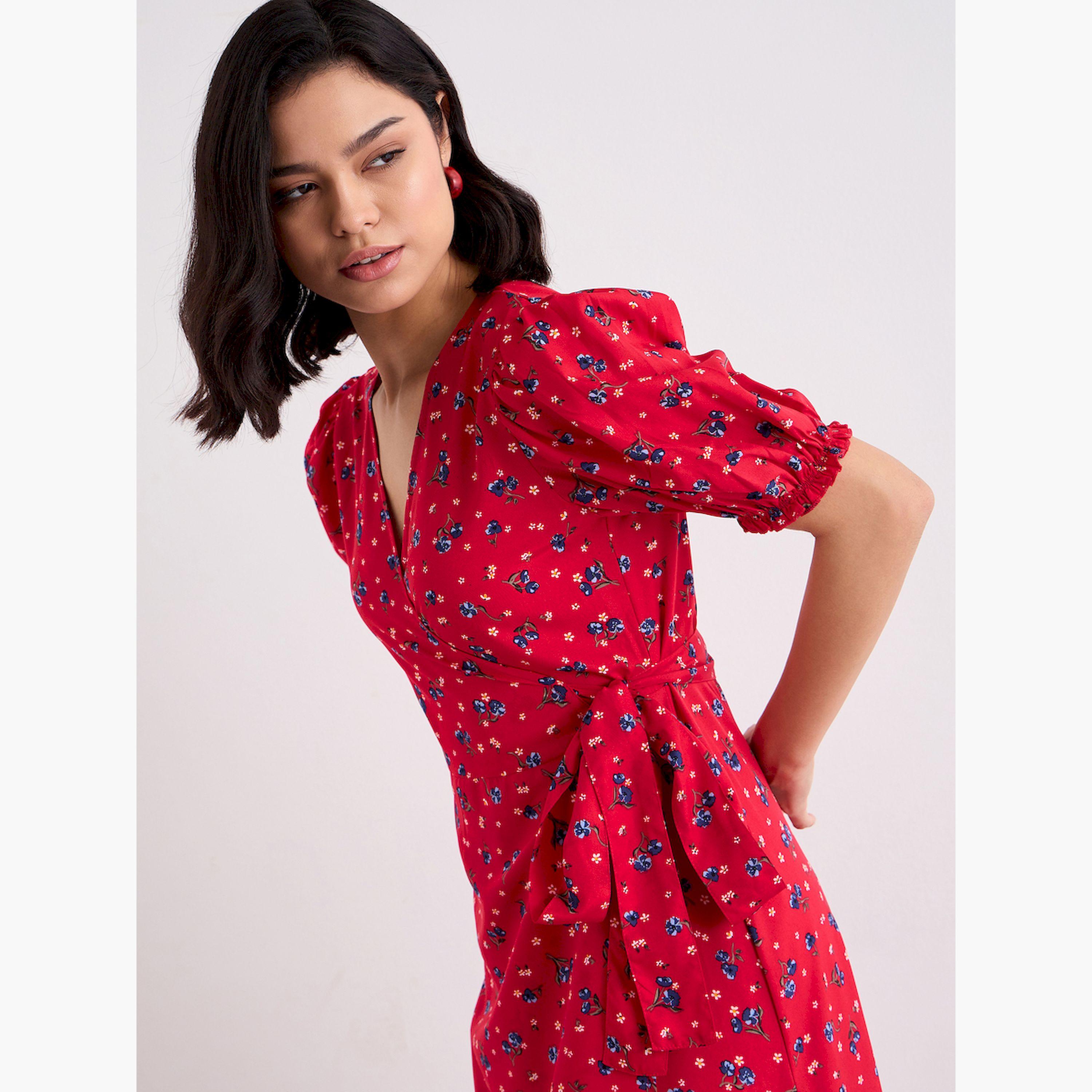 فستان ميدي ملفوف بطبعة أزهار للنساء-women-clothing-dresses-image-3