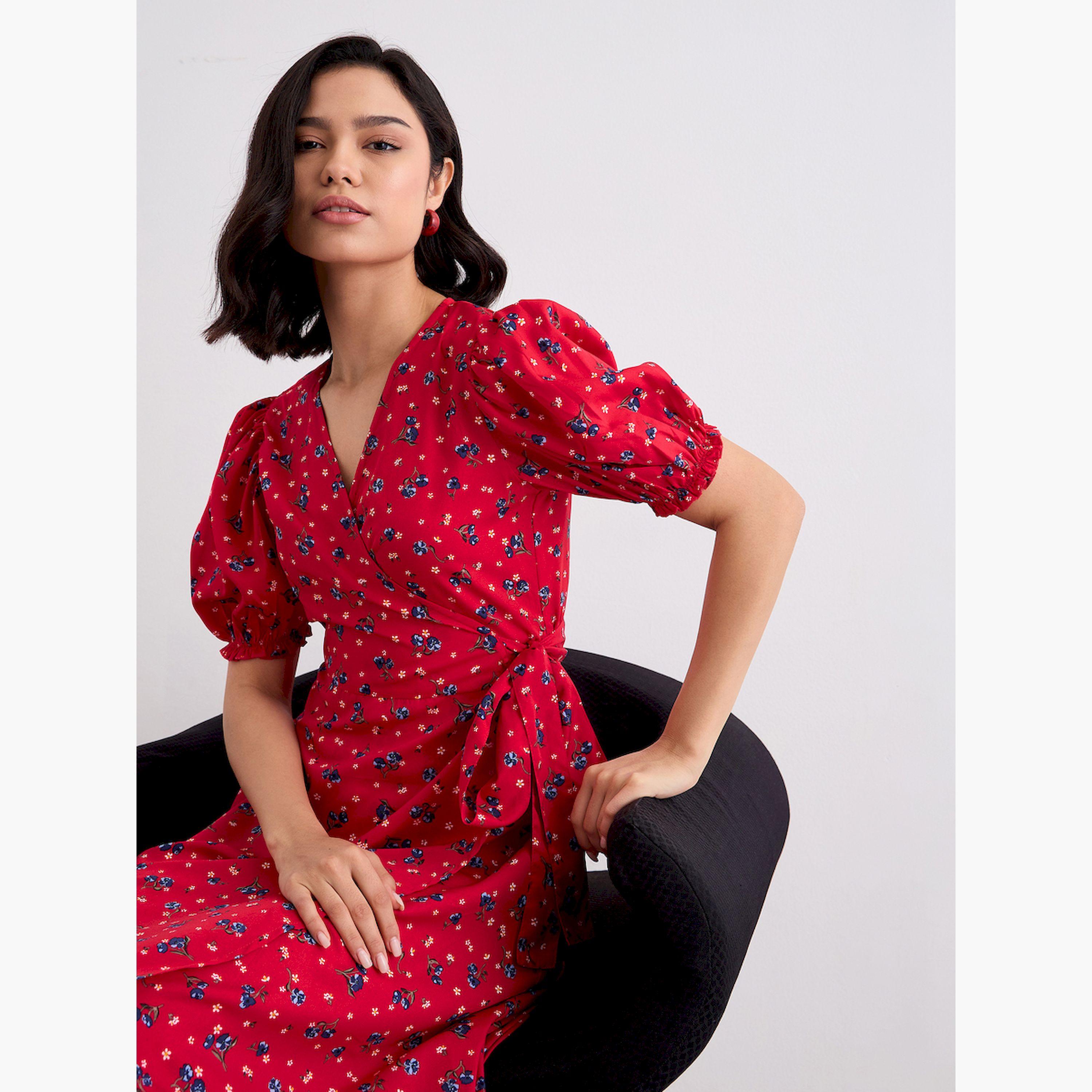 فستان ميدي ملفوف بطبعة أزهار للنساء-women-clothing-dresses-image-5