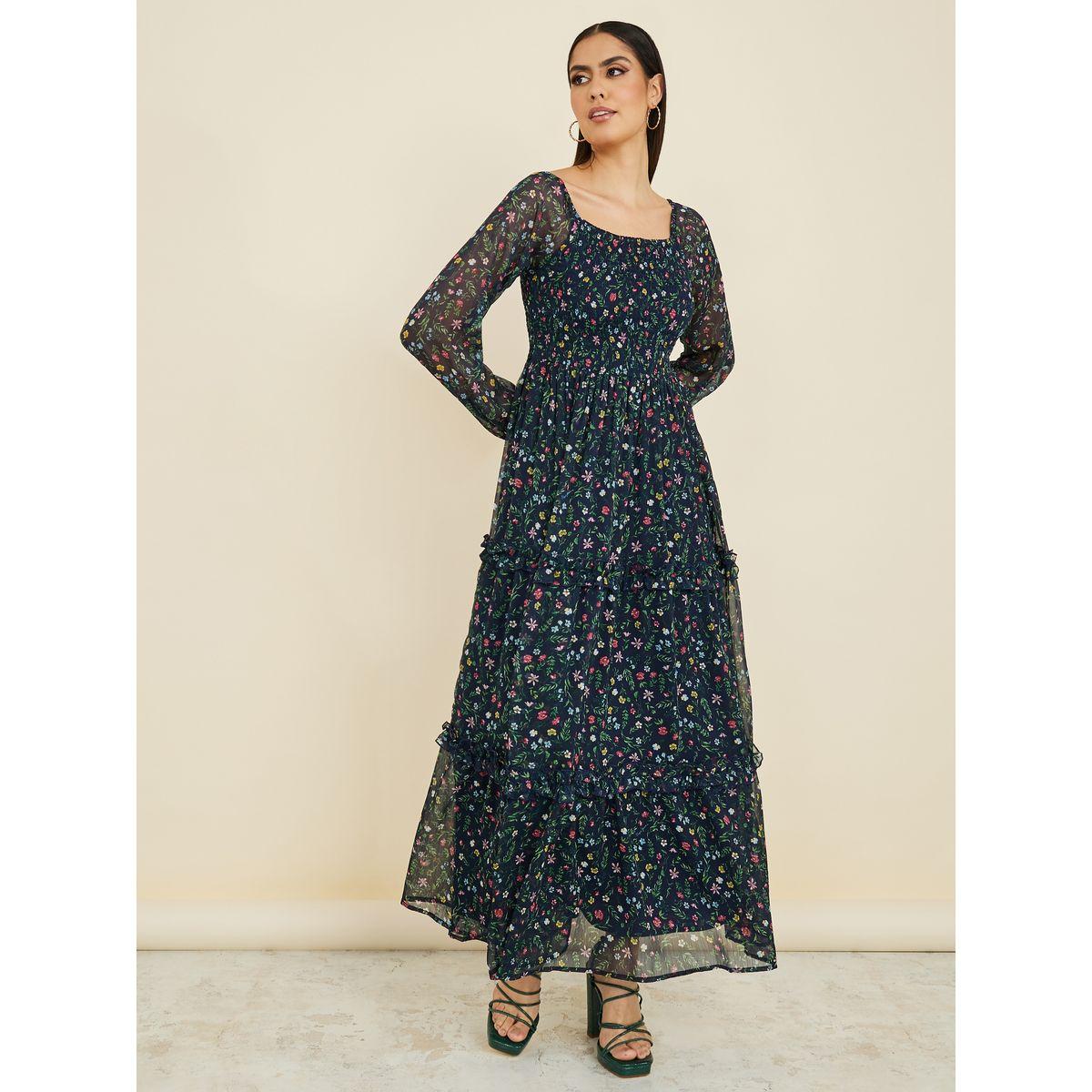 Styli Long Sleeves Ditsy Print Smocked Detail Tiered Maxi Dress-women-clothing-dresses-image-1