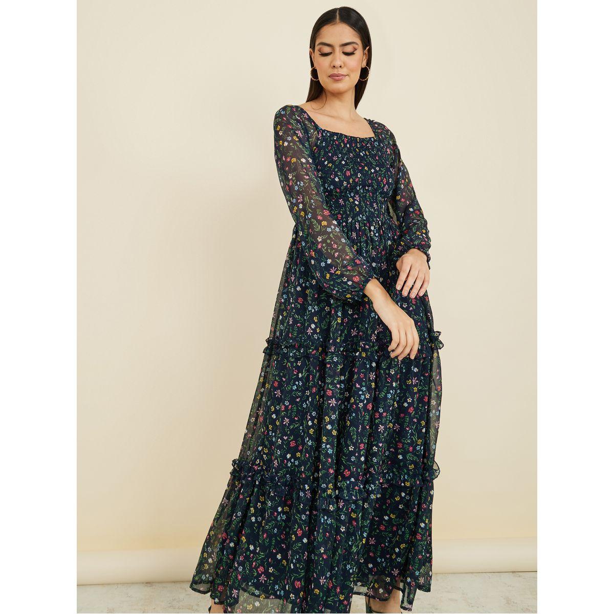 Styli Long Sleeves Ditsy Print Smocked Detail Tiered Maxi Dress-women-clothing-dresses-image-2