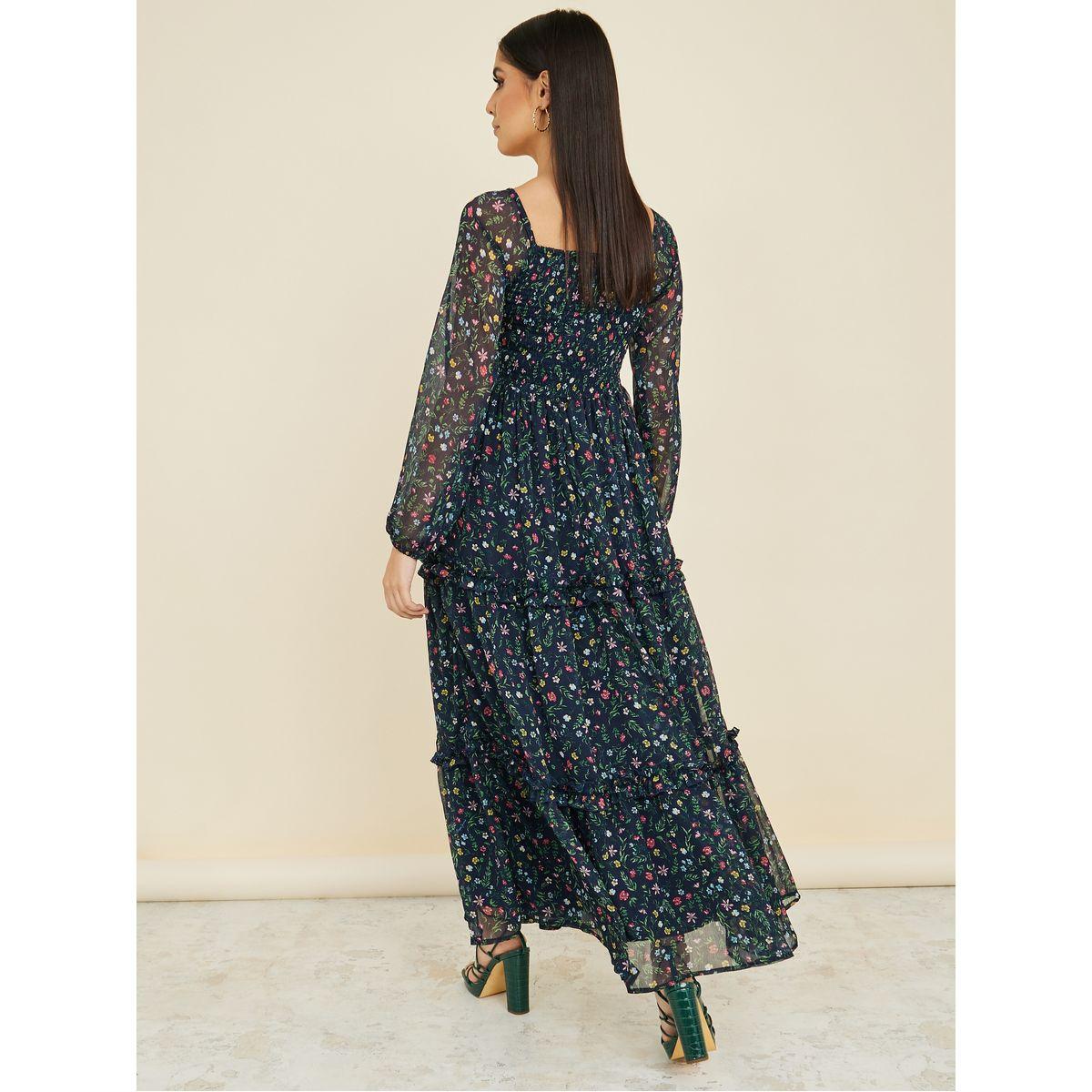 Styli Long Sleeves Ditsy Print Smocked Detail Tiered Maxi Dress-women-clothing-dresses-image-4