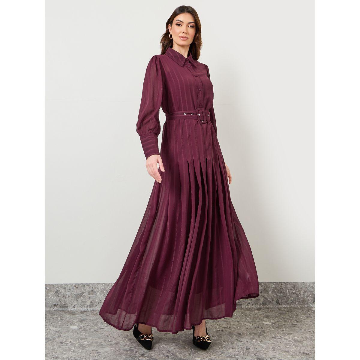 Styli Fold Pleat Belted A-Line Maxi Dress-women-clothing-dresses-image-1