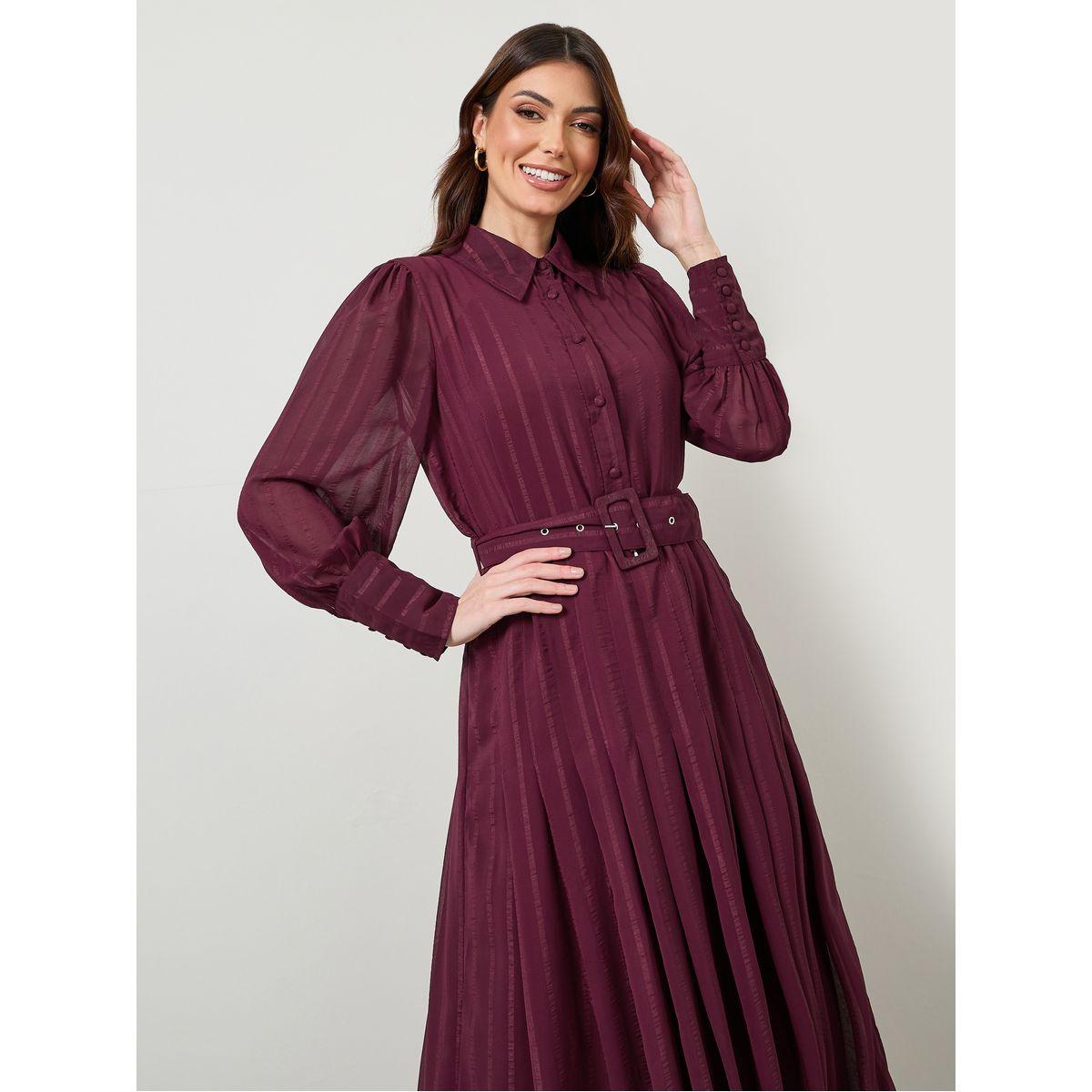 Styli Fold Pleat Belted A-Line Maxi Dress-women-clothing-dresses-image-2