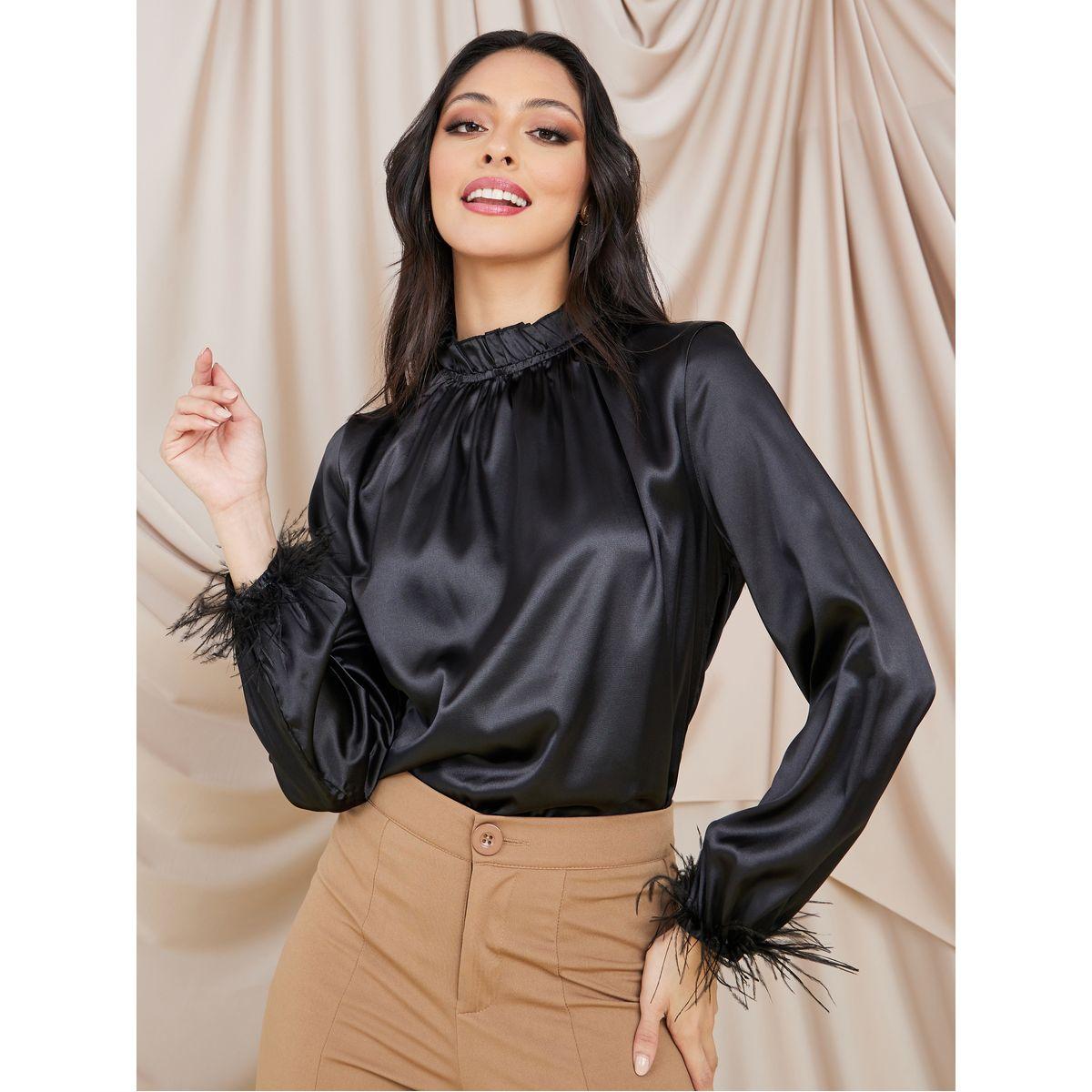 Styli Faux Feather Trim High Neck Regular Fit Blouse-women-clothing-shirtsandblouses-blouses-image-1