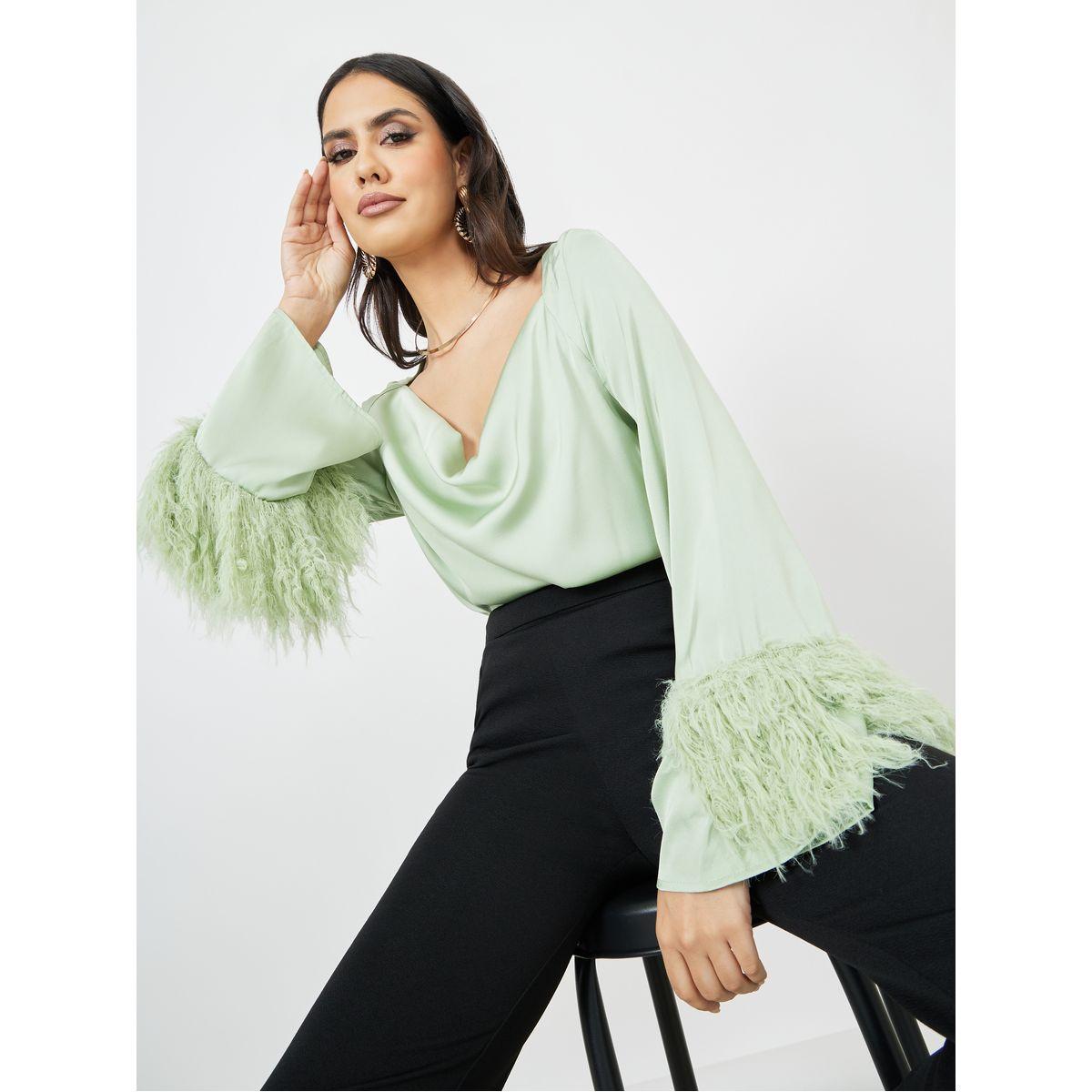 Styli Cowl Neck Faux Feather Trim Detail Blouse-women-clothing-shirtsandblouses-blouses-image-1