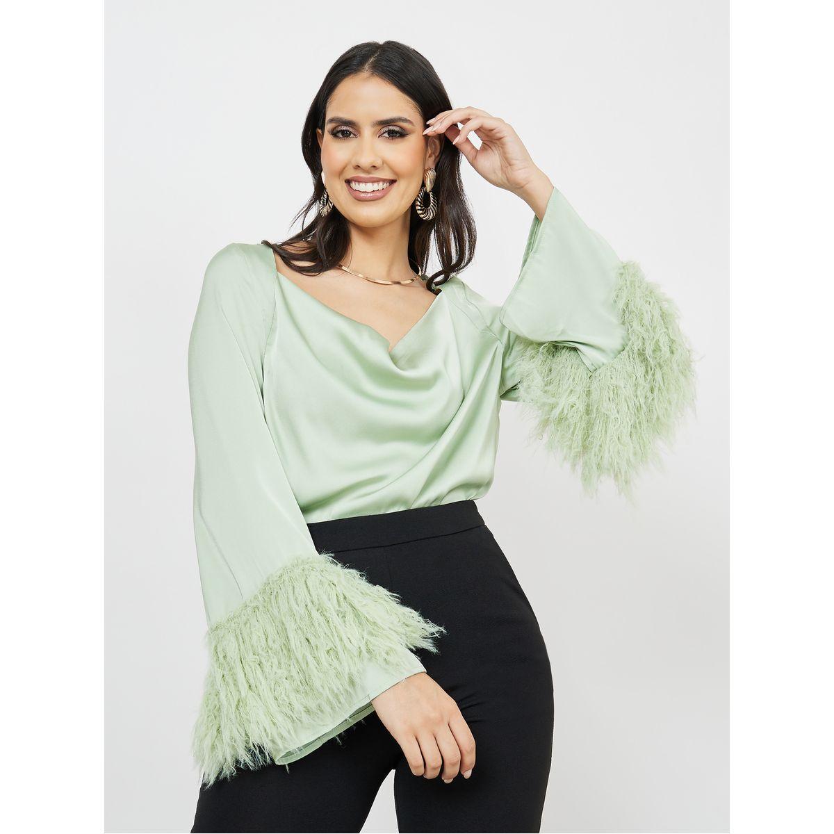 Styli Cowl Neck Faux Feather Trim Detail Blouse-women-clothing-shirtsandblouses-blouses-image-3