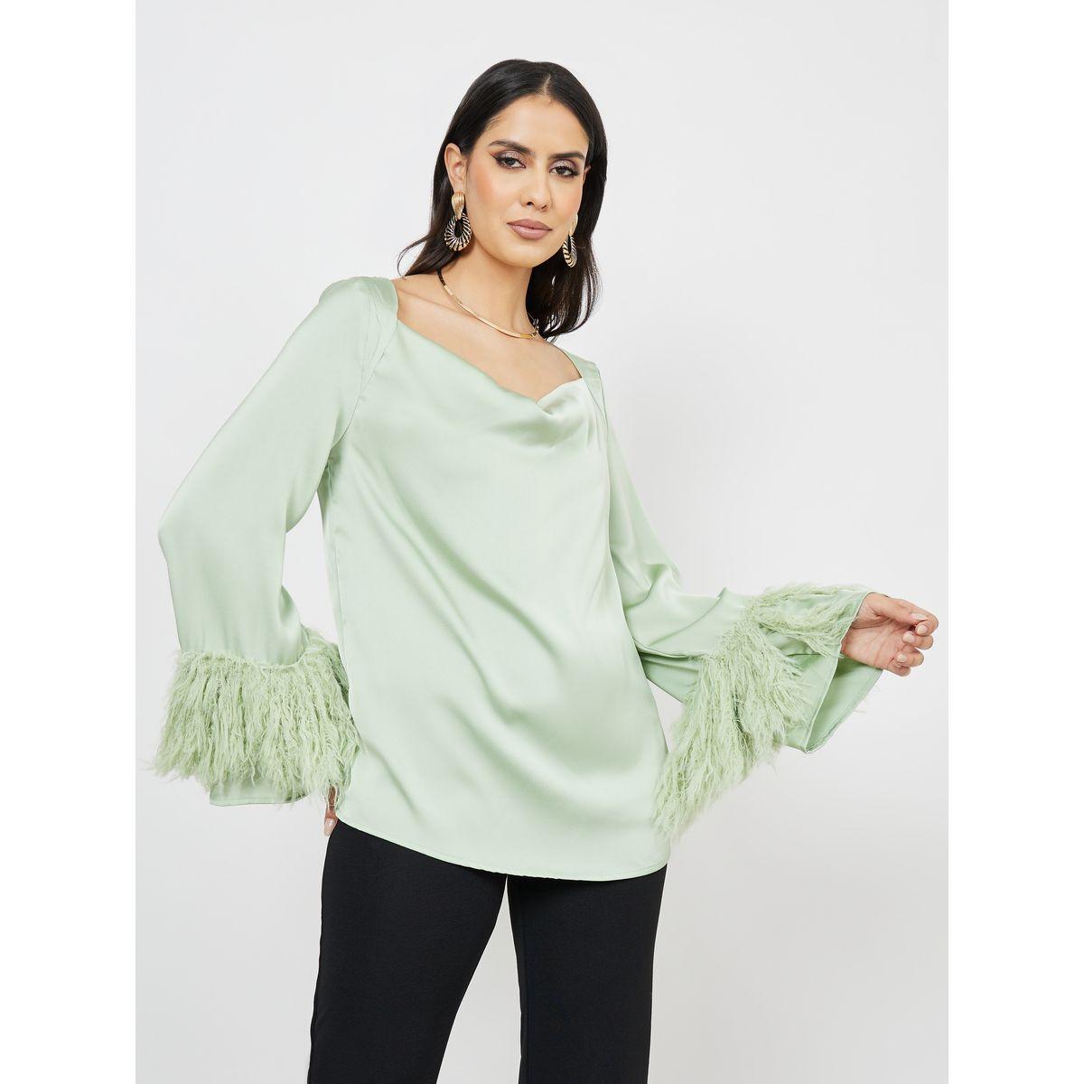 Styli Cowl Neck Faux Feather Trim Detail Blouse-women-clothing-shirtsandblouses-blouses-image-4