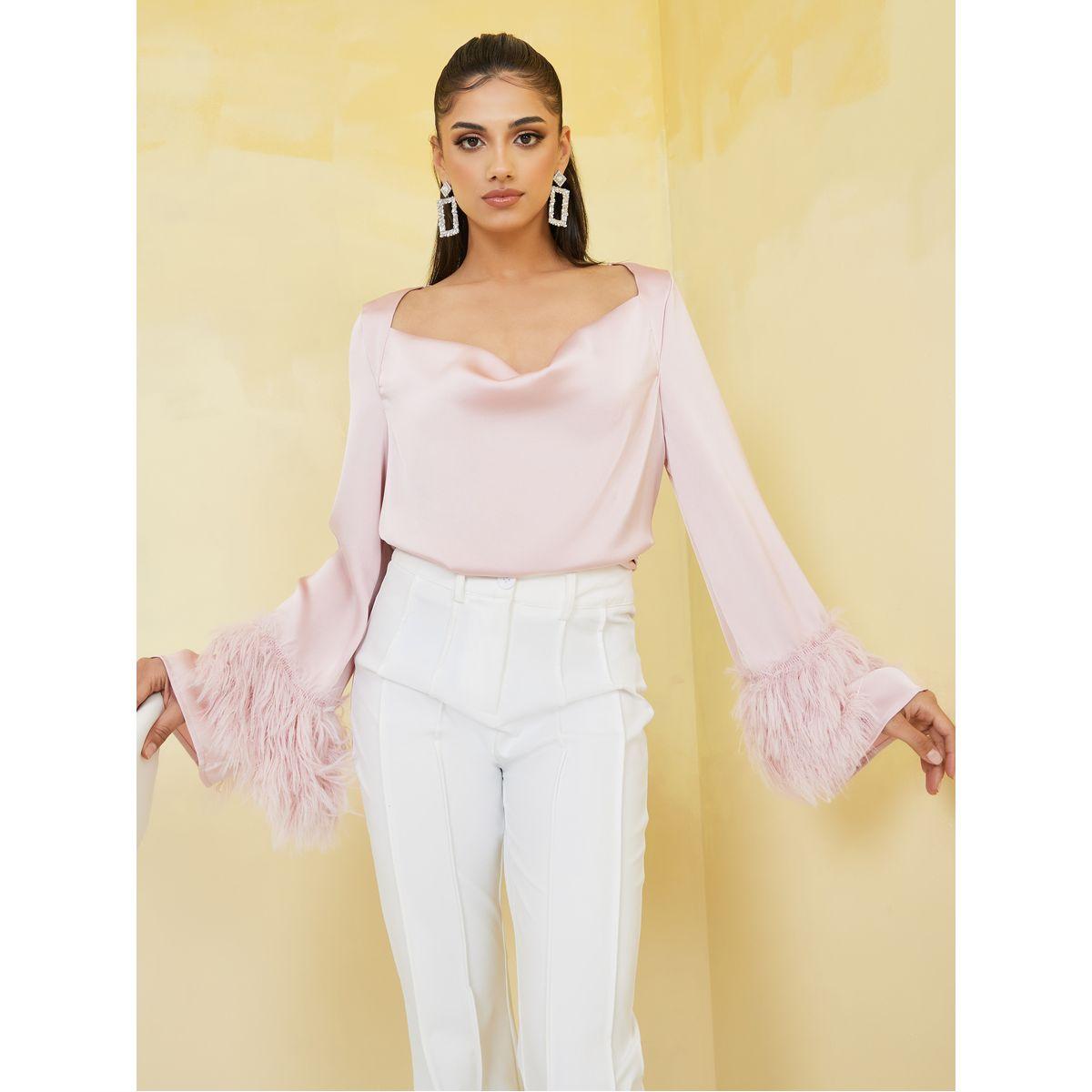 Styli Cowl Neck Faux Feather Trim Detail Blouse-women-clothing-shirtsandblouses-blouses-image-1