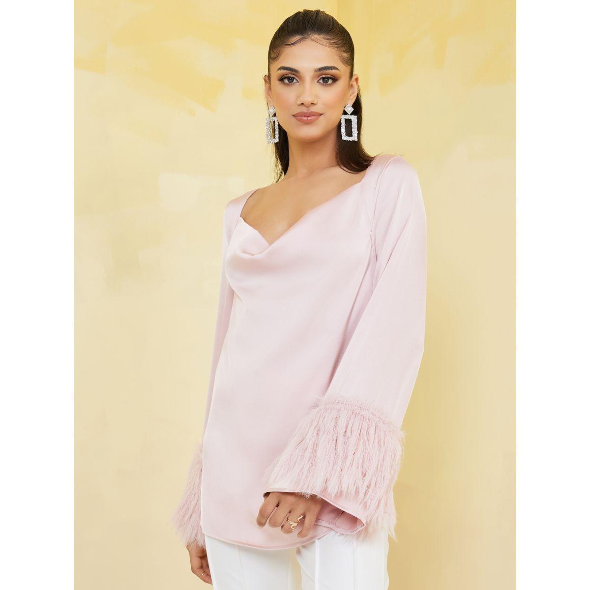 Styli Cowl Neck Faux Feather Trim Detail Blouse-women-clothing-shirtsandblouses-blouses-image-3