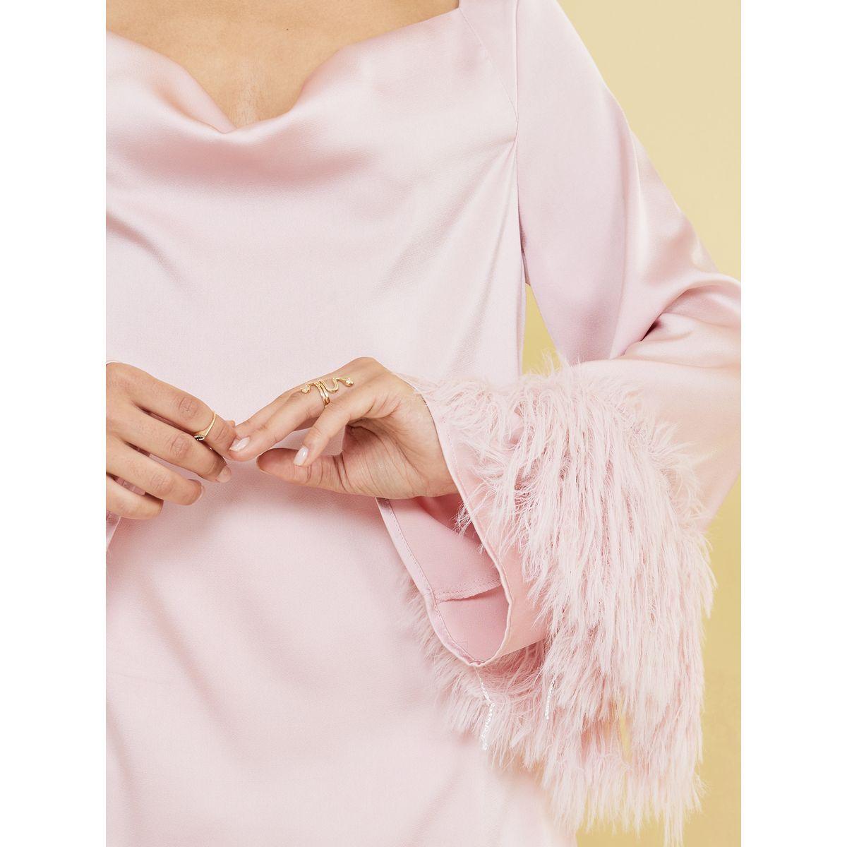 Styli Cowl Neck Faux Feather Trim Detail Blouse-women-clothing-shirtsandblouses-blouses-image-4