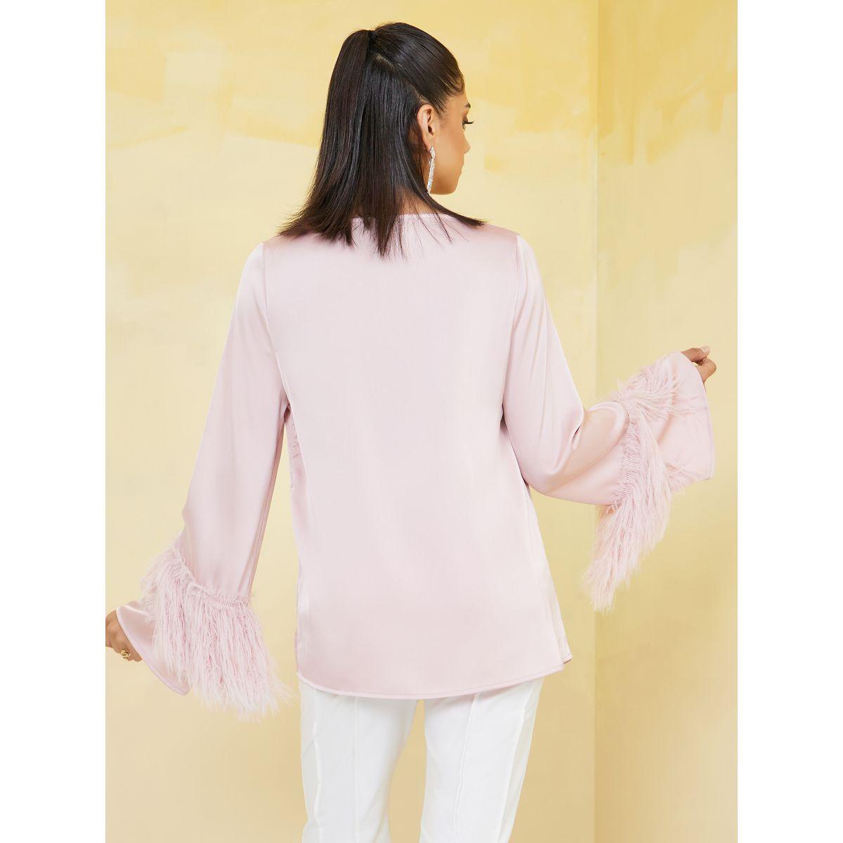 Styli Cowl Neck Faux Feather Trim Detail Blouse-women-clothing-shirtsandblouses-blouses-image-5