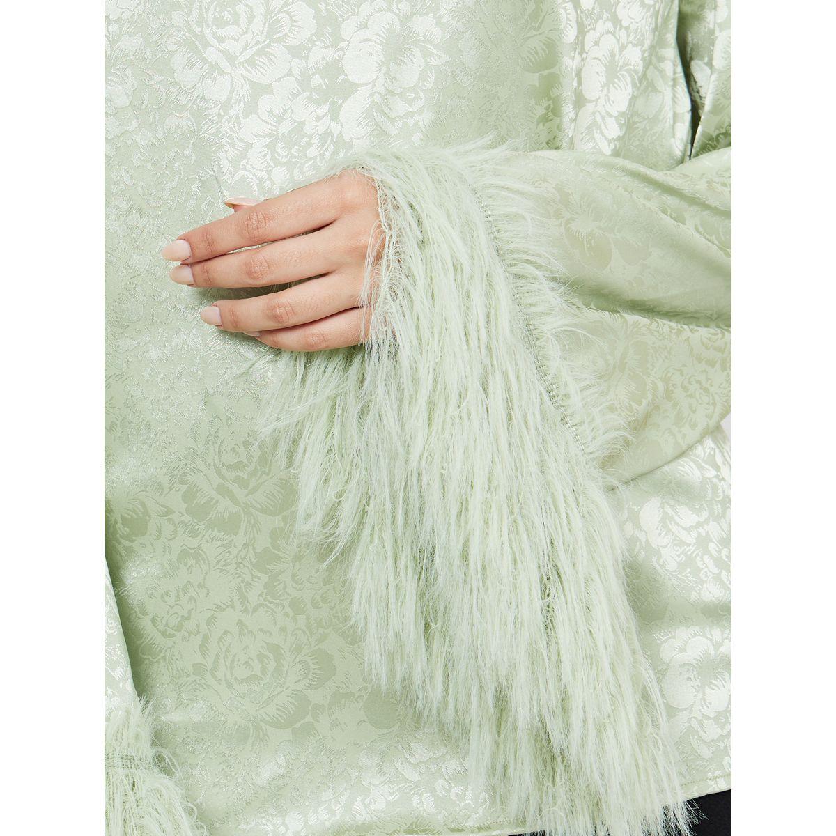 Styli Floral Jacquard Faux Feather Trim Open Back Blouse-women-clothing-shirtsandblouses-blouses-image-4