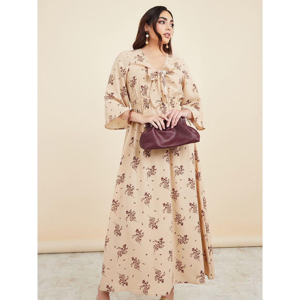 Styli Flute Sleeve Tie Front Floral A-Line Maxi Dress-women-clothing-dresses-image-2