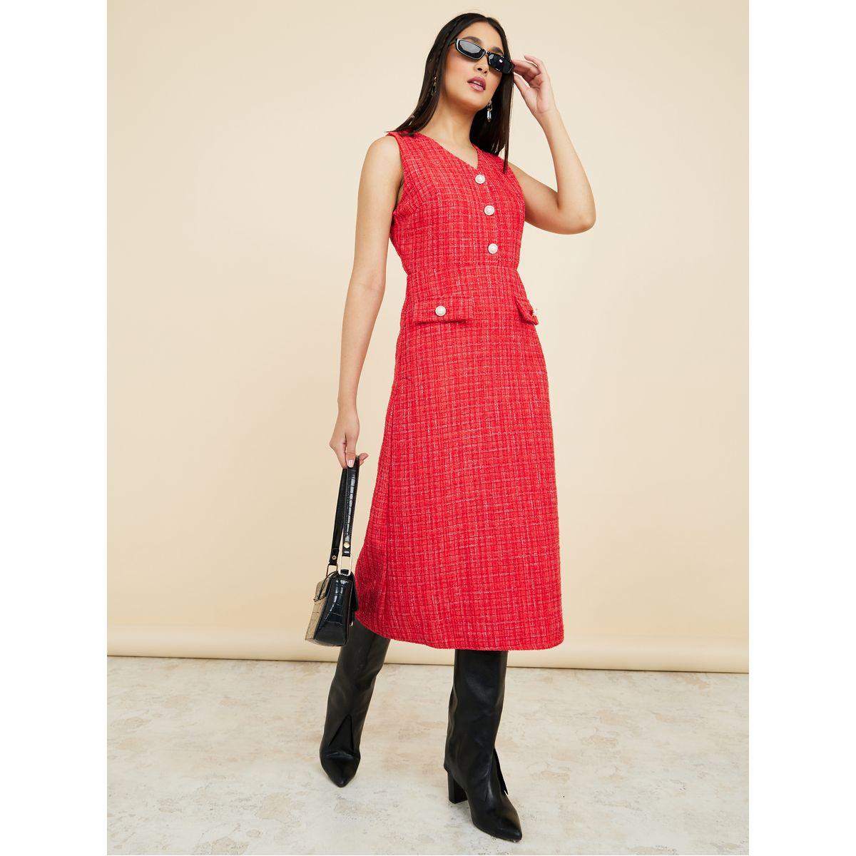 Styli Sleeveless Button Detail Tweed A-Line Midi Dress-women-clothing-dresses-image-1