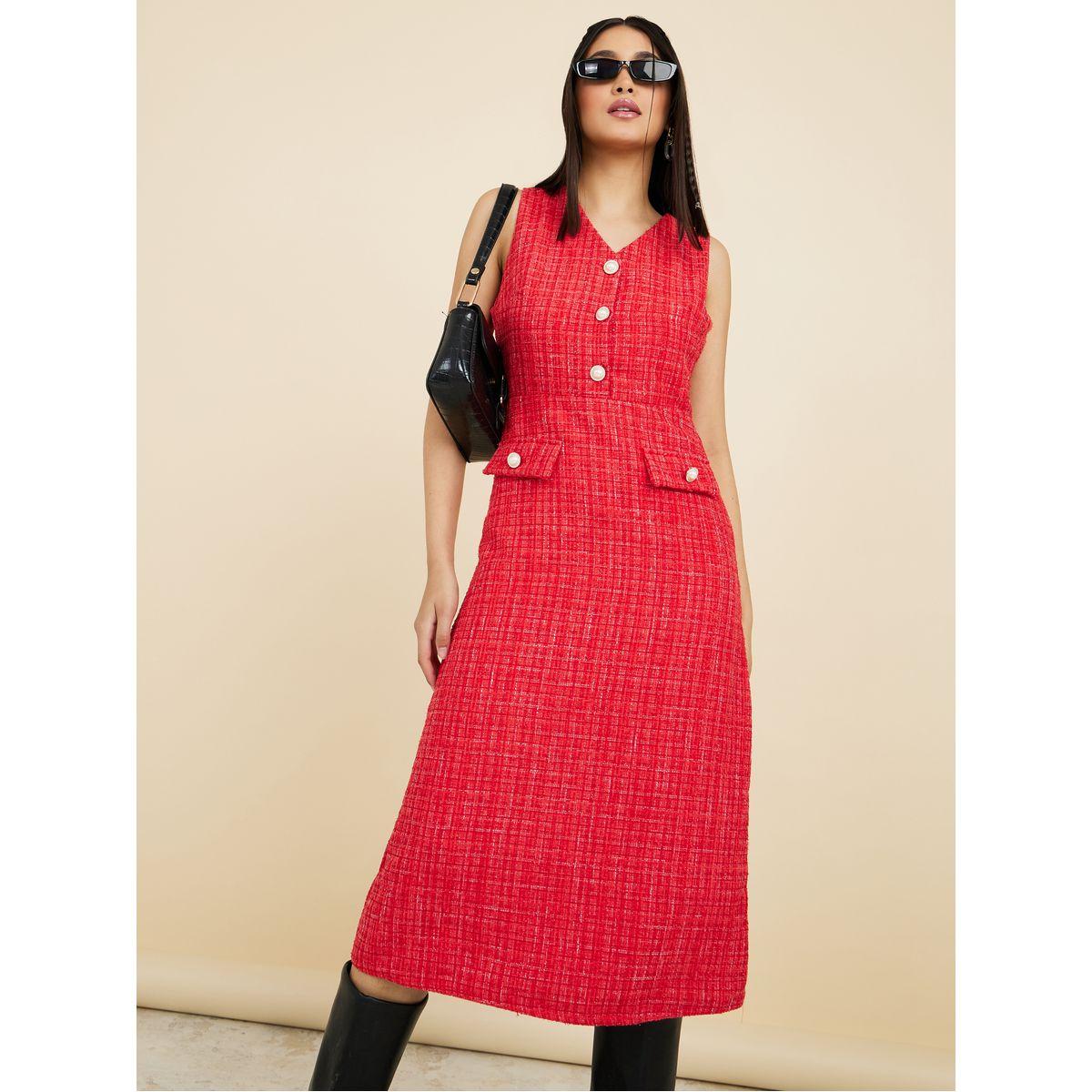 Styli Sleeveless Button Detail Tweed A-Line Midi Dress-women-clothing-dresses-image-2