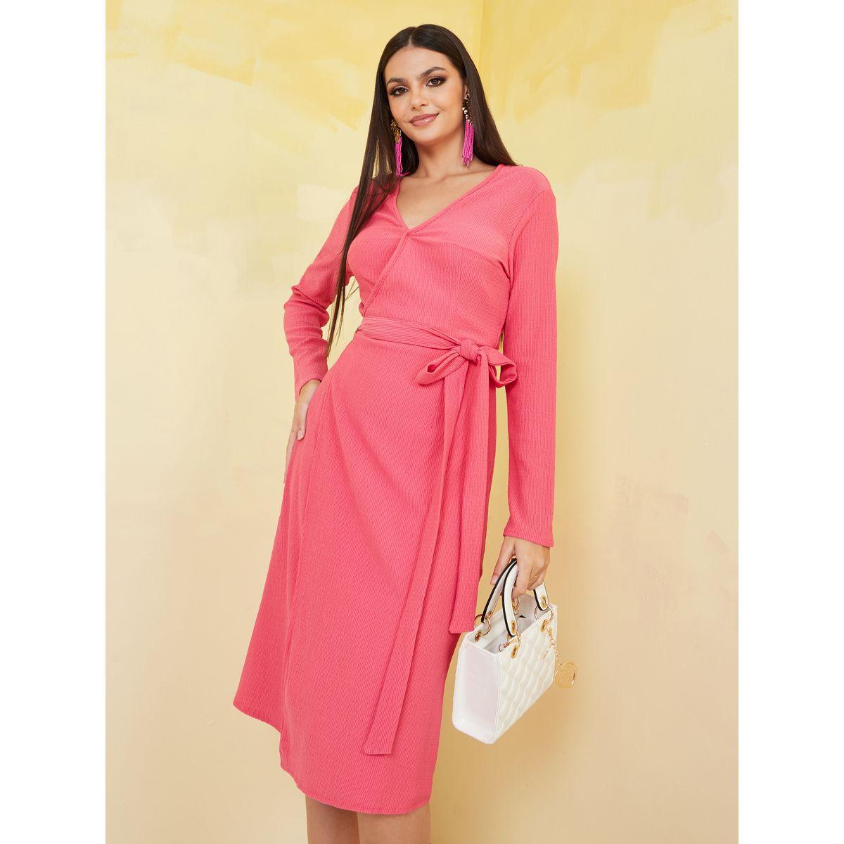 Styli Long Sleeves Textured Wrap Midi Dress-women-clothing-dresses-image-1
