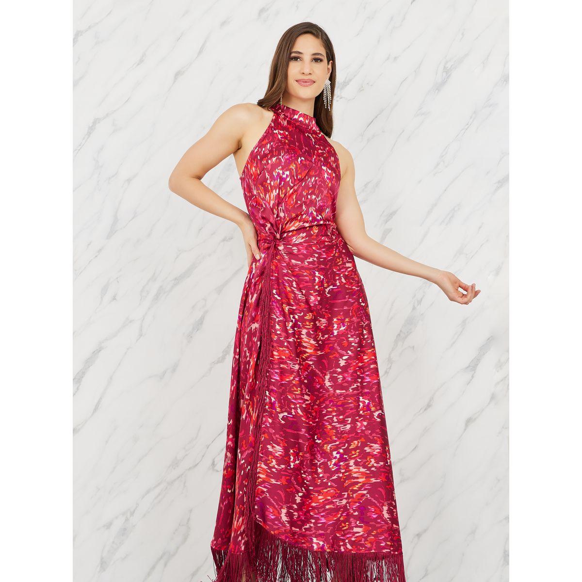 فستان طويل بنمط لف وياقة هولترمع شراشيب-women-clothing-dresses-image-2