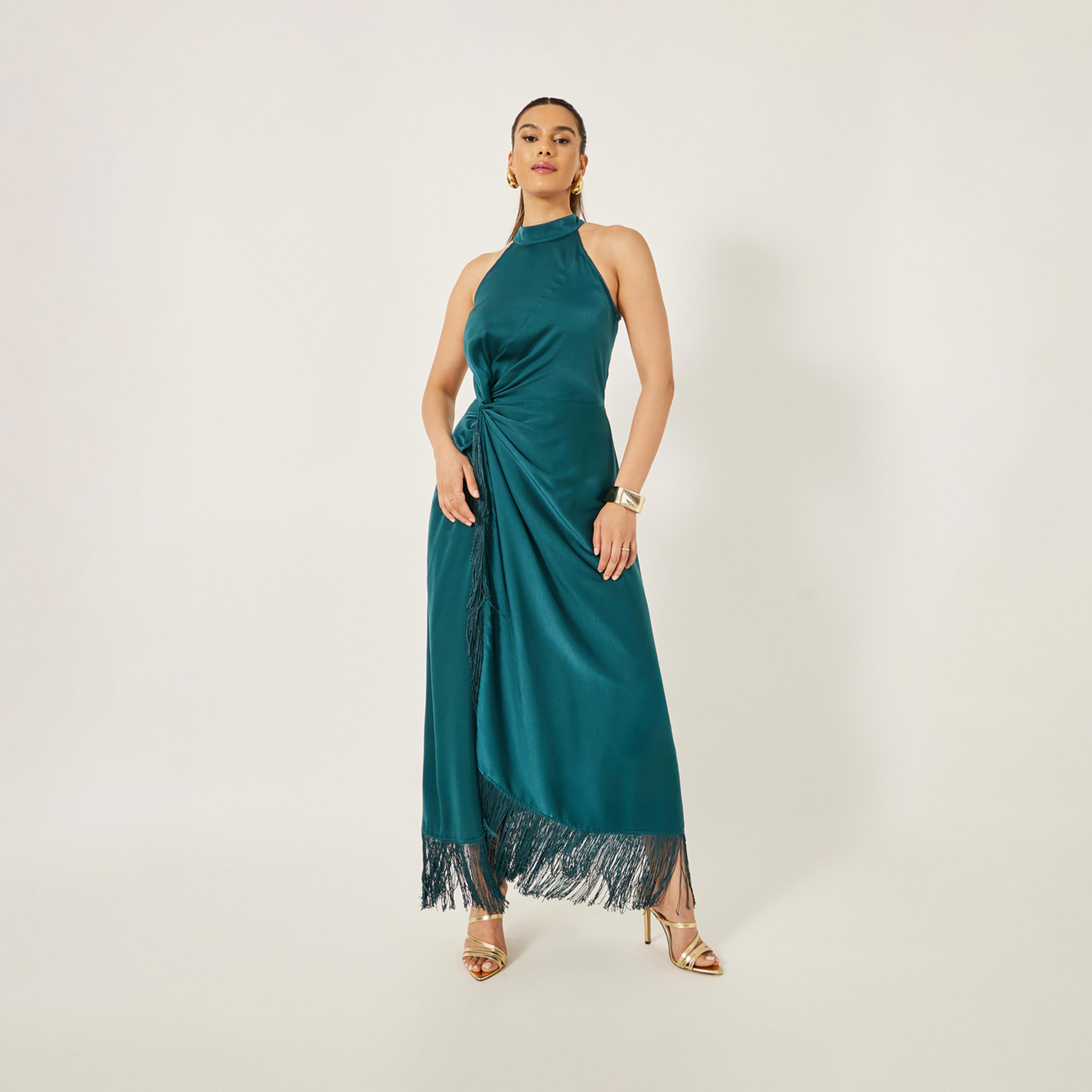 Styli Halter Neck Wrap Style Maxi Dress With Fringe Hem-women-clothing-dresses-image-1