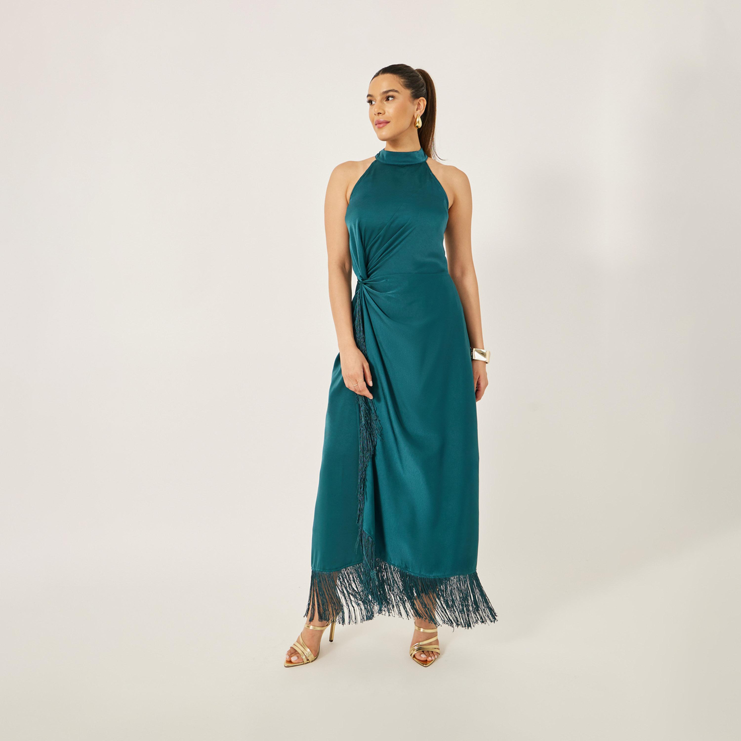 Styli Halter Neck Wrap Style Maxi Dress With Fringe Hem-women-clothing-dresses-image-2