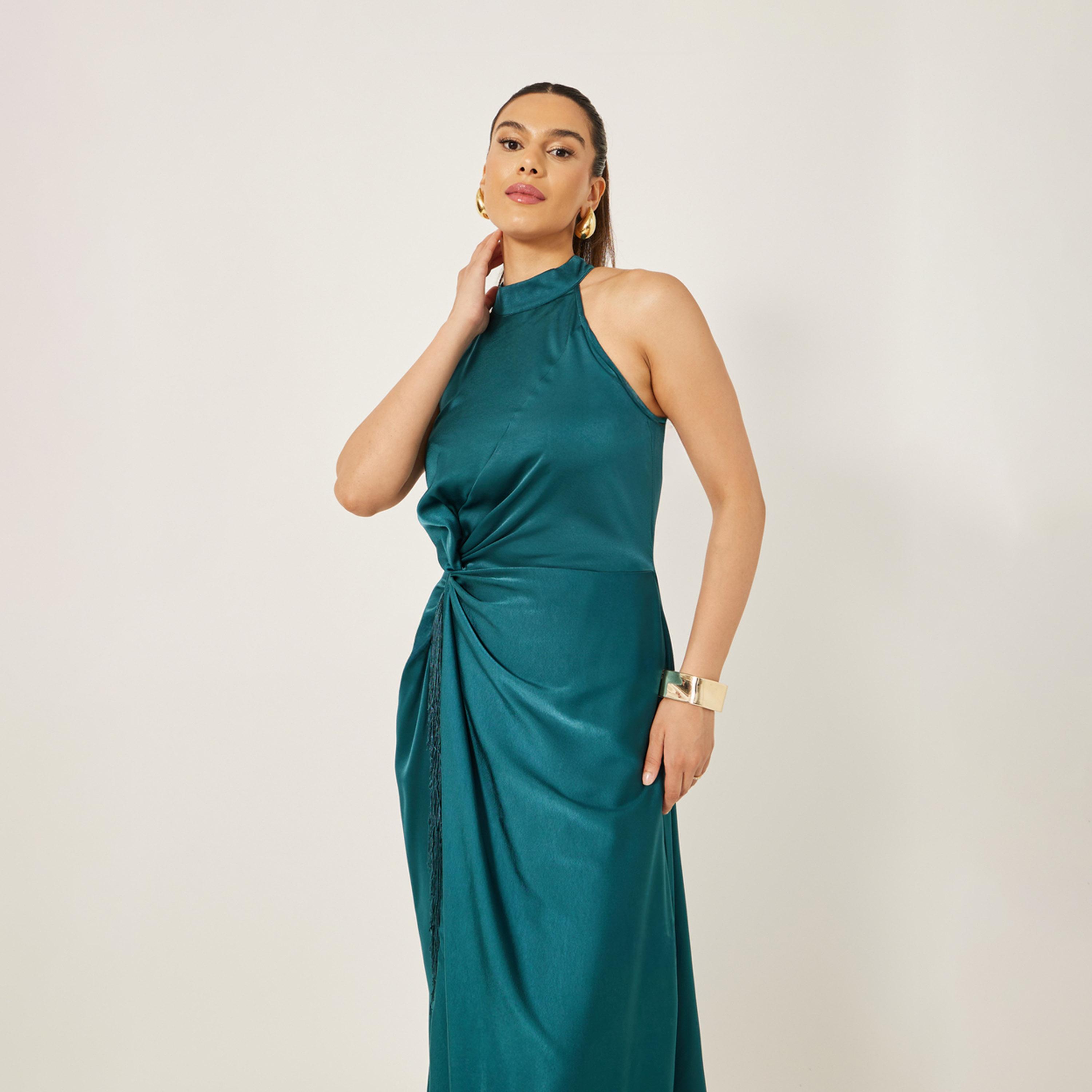Styli Halter Neck Wrap Style Maxi Dress With Fringe Hem-women-clothing-dresses-image-3