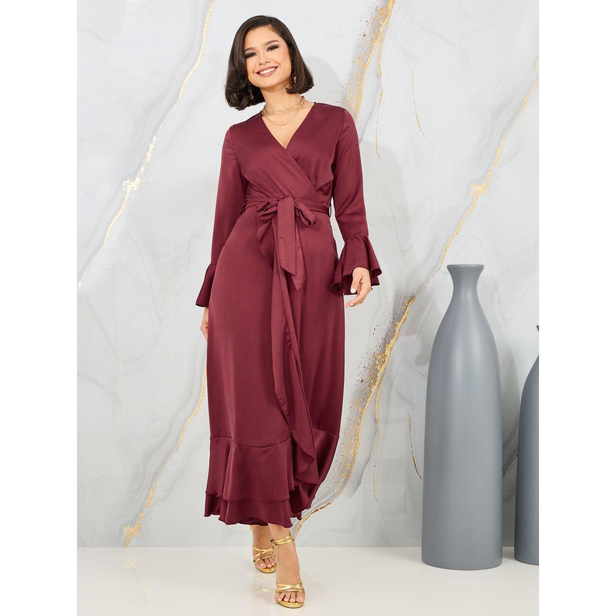 فستان طويل بنمط لف واكمام جرس مع حزام-women-clothing-dresses-image-1