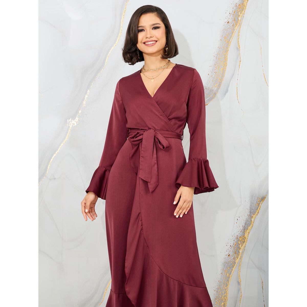 فستان طويل بنمط لف واكمام جرس مع حزام-women-clothing-dresses-image-2