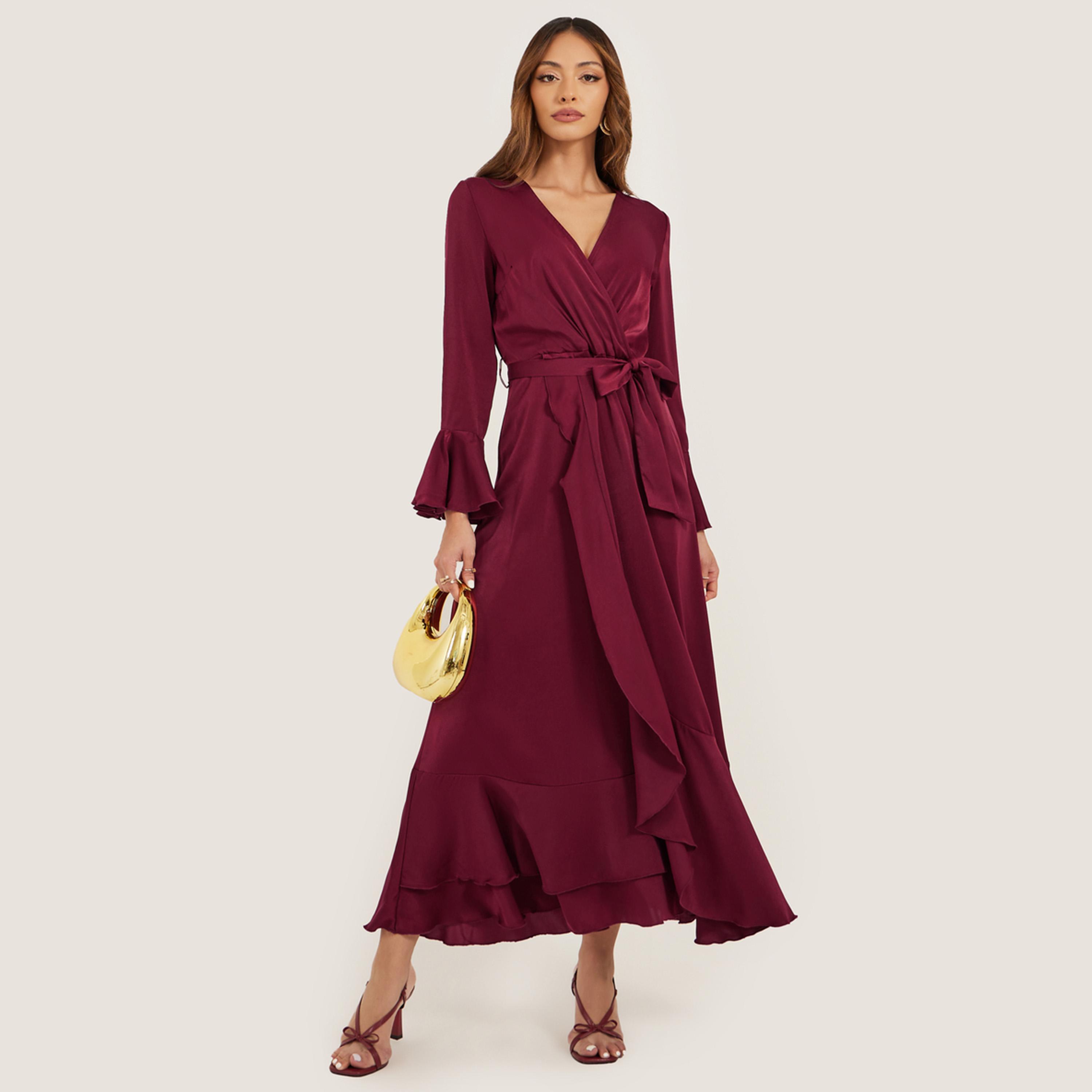 Styli Satin Tie-Up Waist V-Neck A-Line Maxi Dress-women-clothing-dresses-image-1