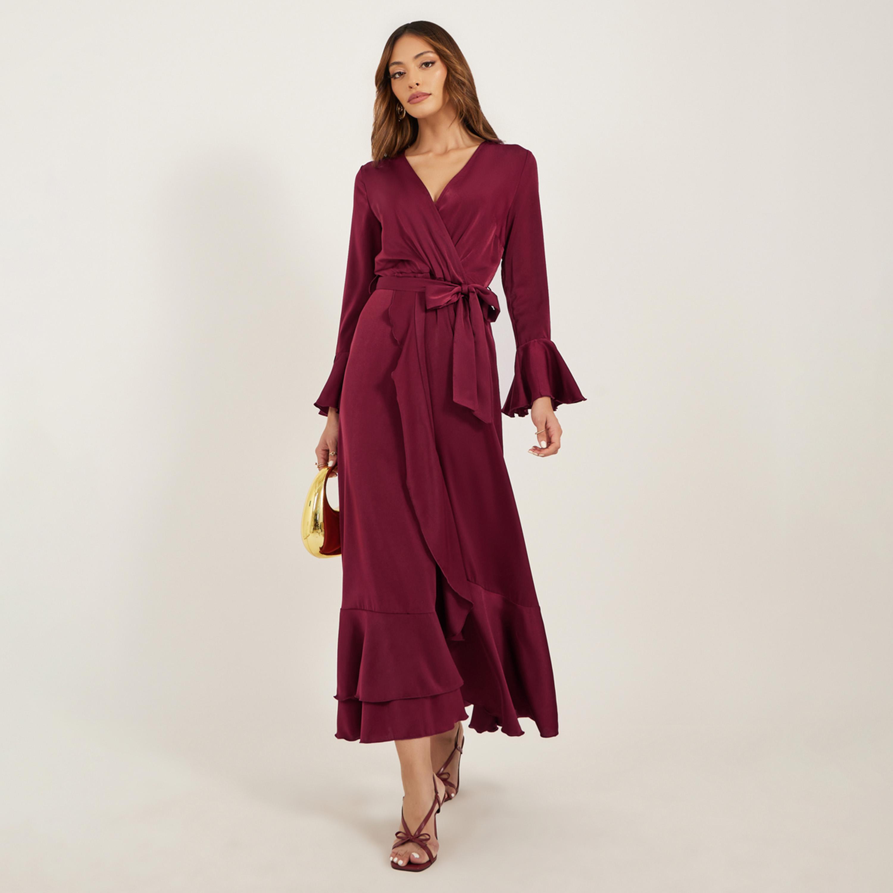 Styli Satin Tie-Up Waist V-Neck A-Line Maxi Dress-women-clothing-dresses-image-2