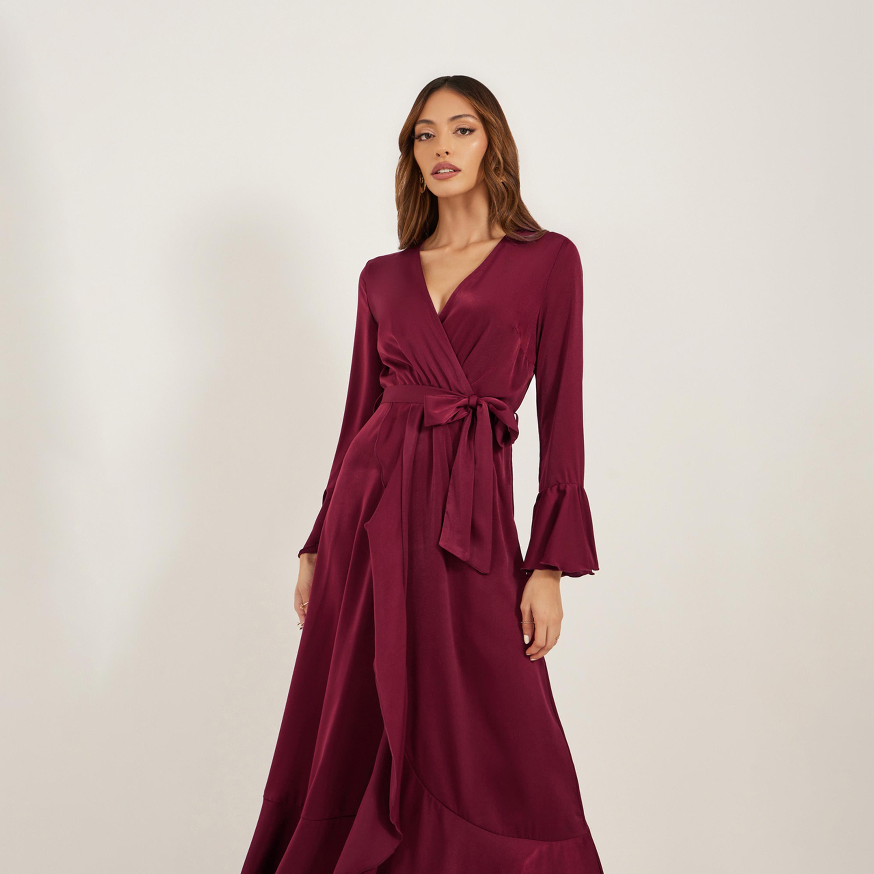 Styli Satin Tie-Up Waist V-Neck A-Line Maxi Dress-women-clothing-dresses-image-3