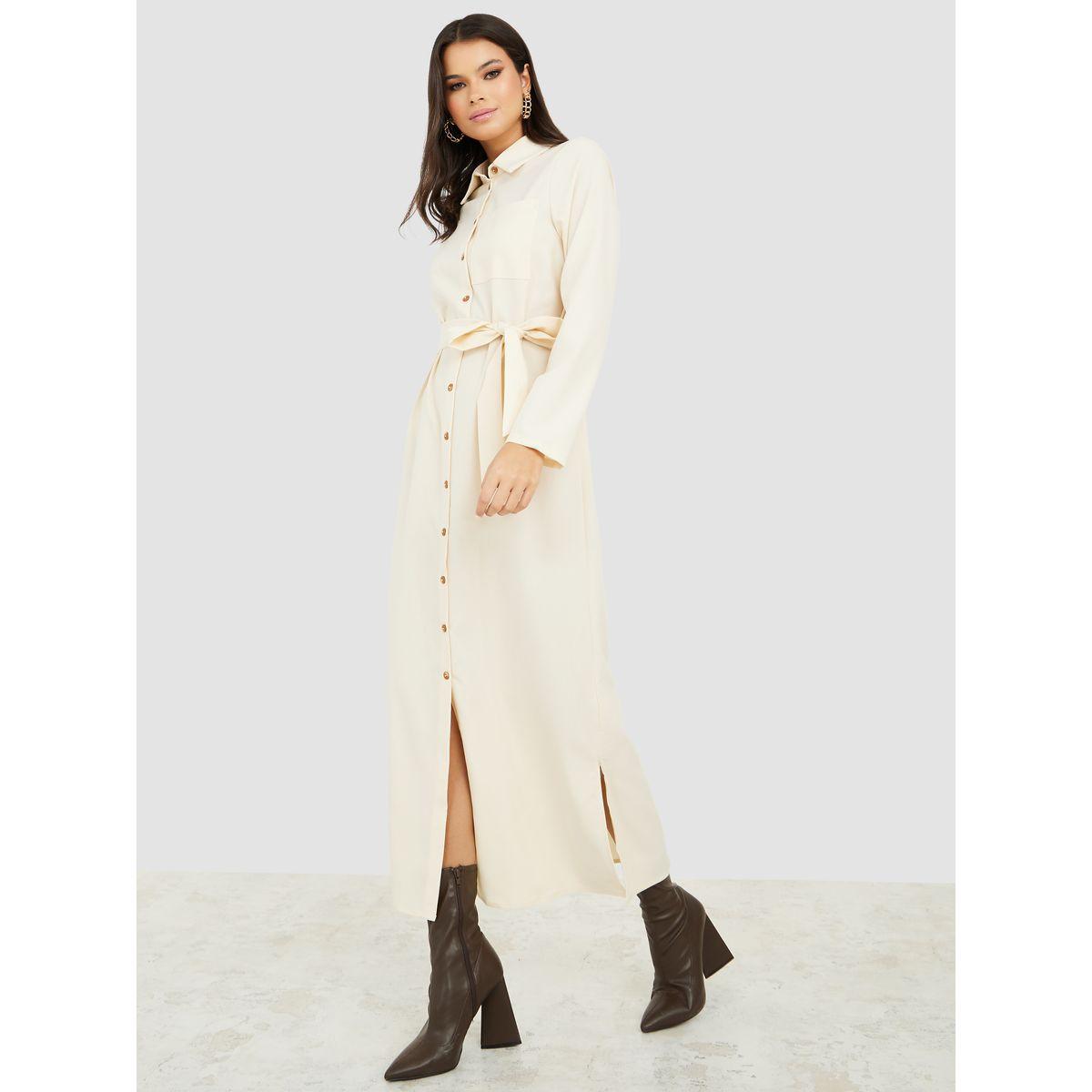 Styli Long Sleeves Plain Shirt Maxi Dress with Self Tie-women-clothing-dresses-image-1