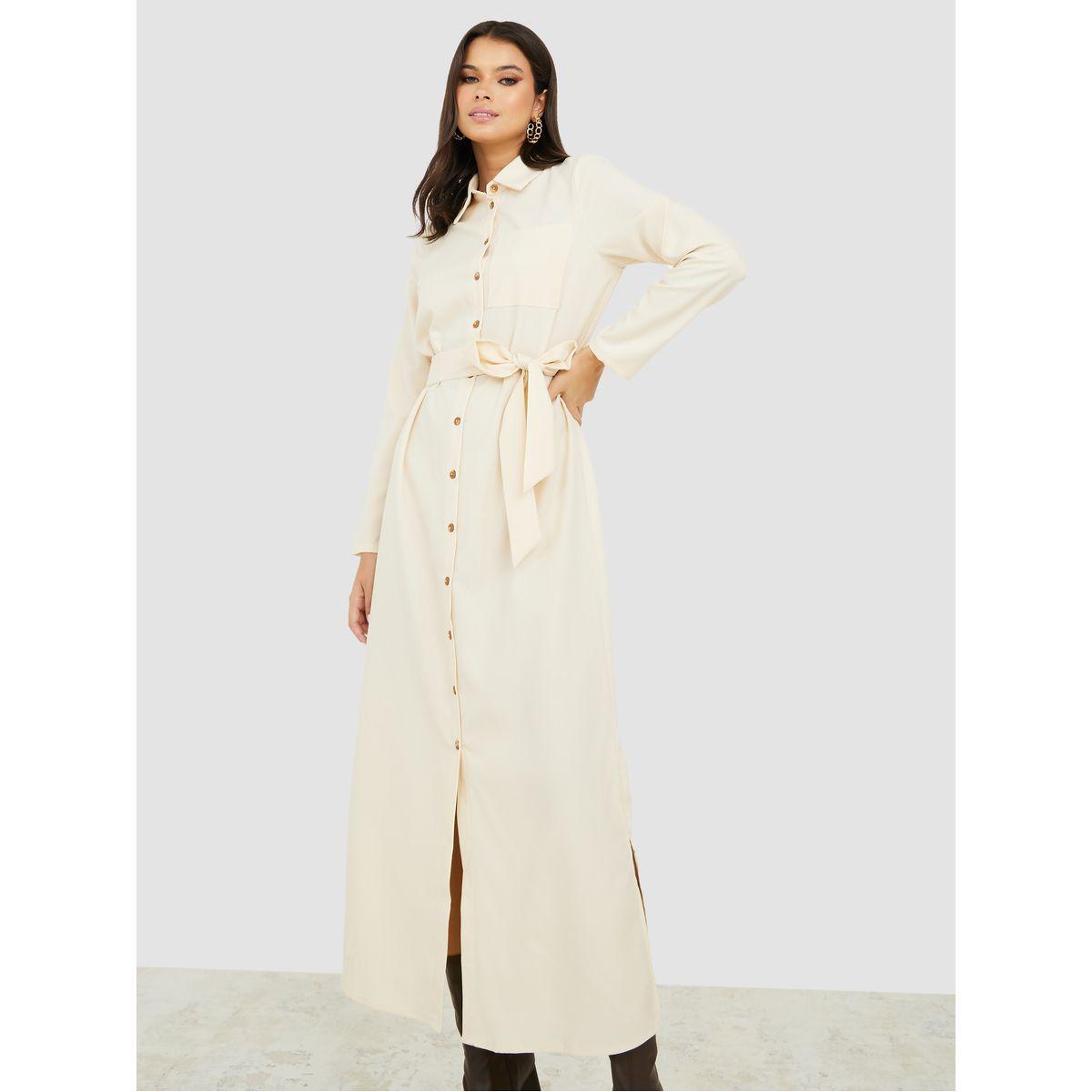 Styli Long Sleeves Plain Shirt Maxi Dress with Self Tie-women-clothing-dresses-image-2