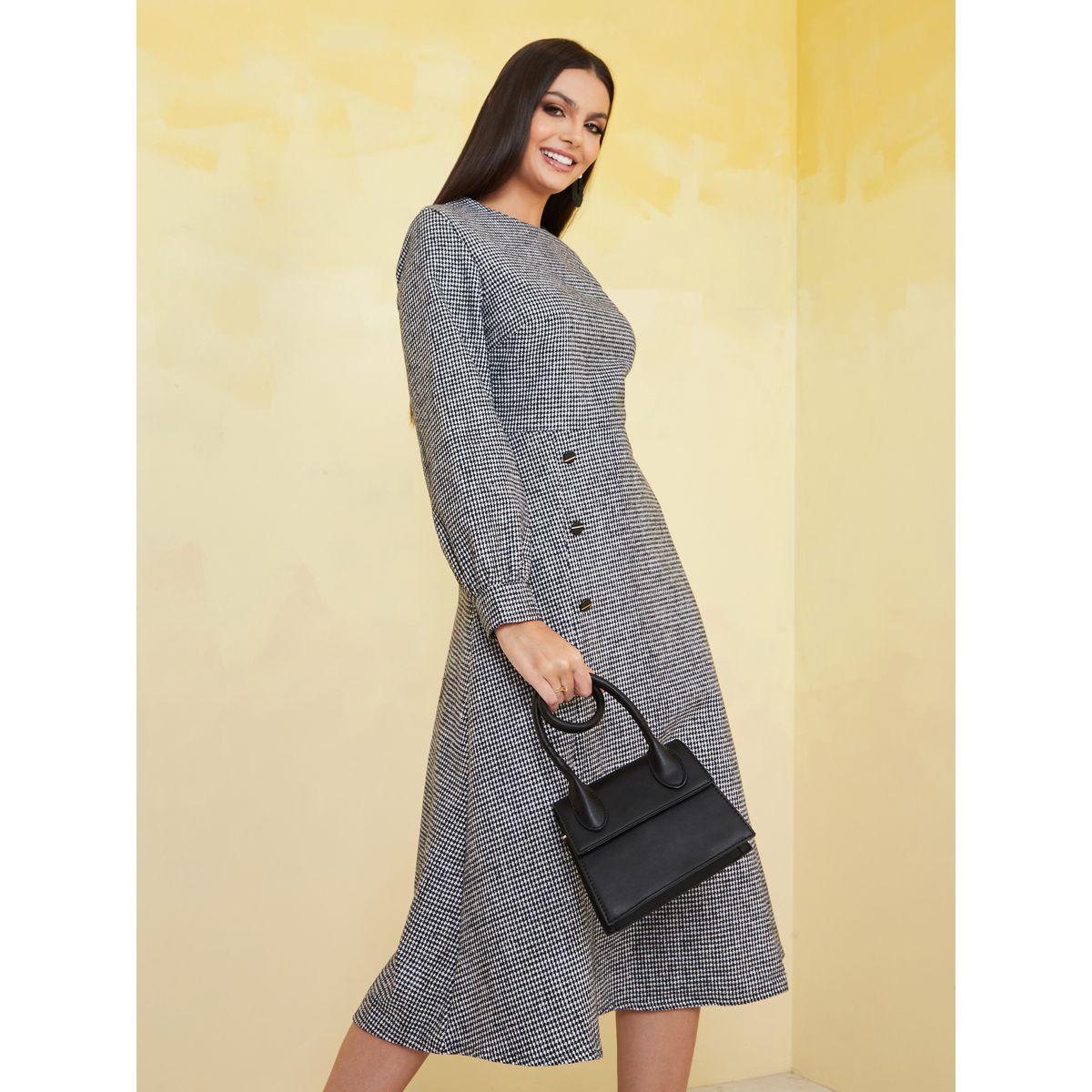 Styli Gingham Check Button Detail A-Line Midi Dress-women-clothing-dresses-image-1