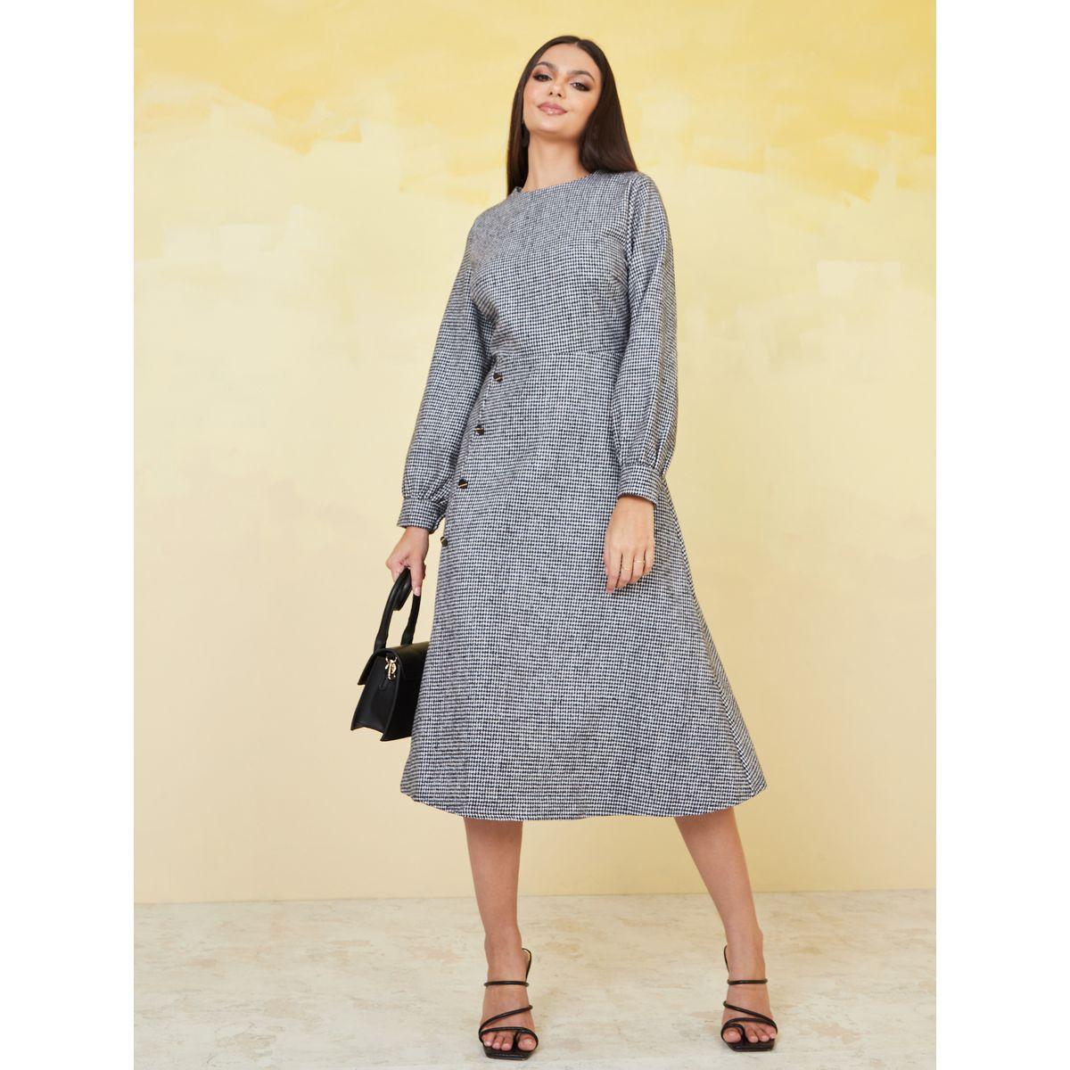 Styli Gingham Check Button Detail A-Line Midi Dress-women-clothing-dresses-image-2